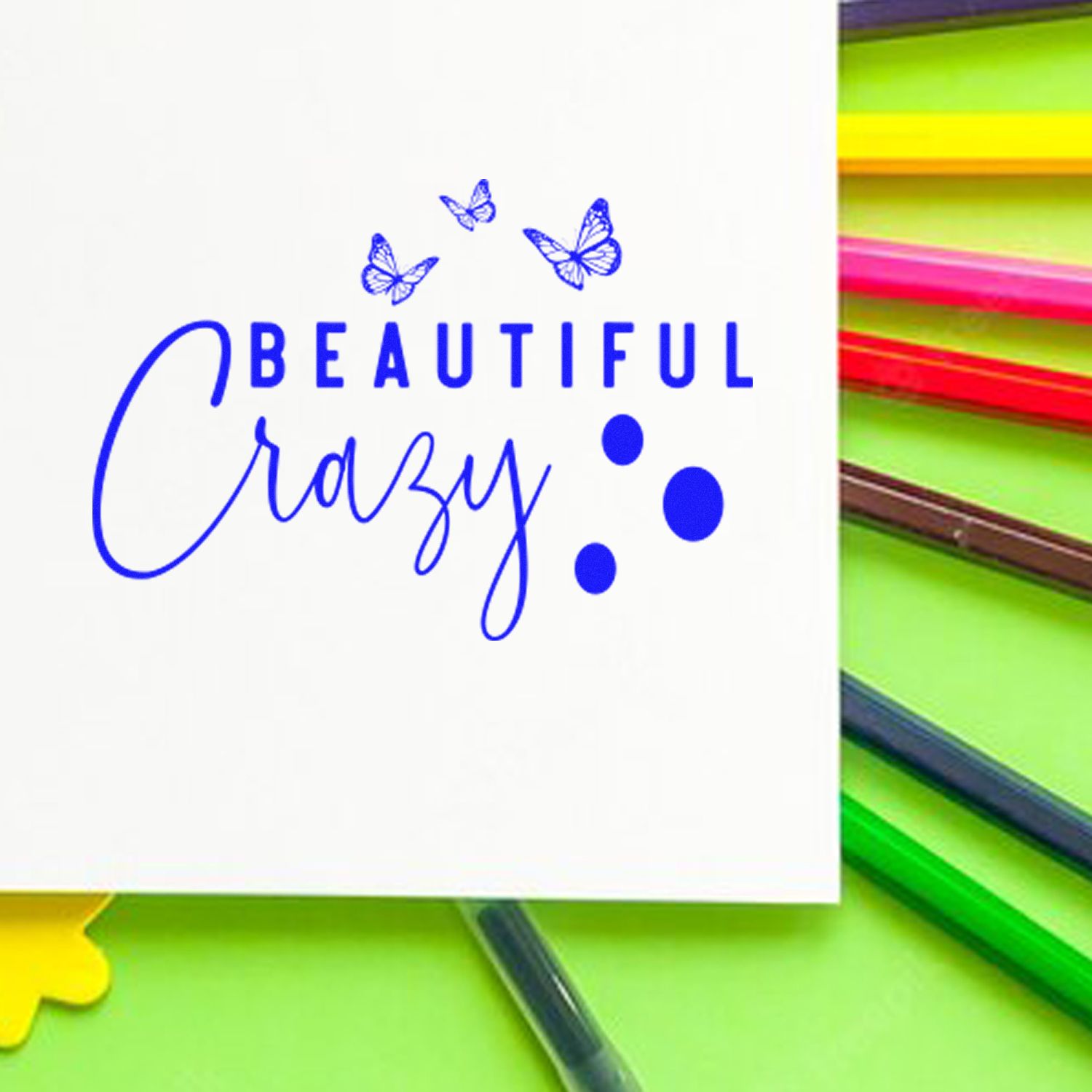 Beautiful Crazy butterfly rubber stamp design in blue ink for handmade cards, scrapbook pages, and craft projects.