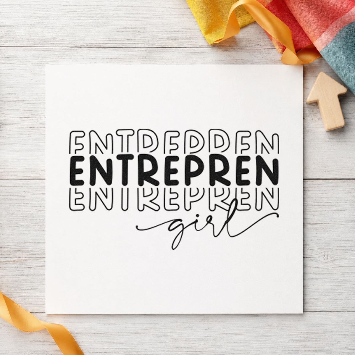 Entrepren Girl Repeated Lettering craft stamp in black ink on cardstock, an easy option for box launch album page.