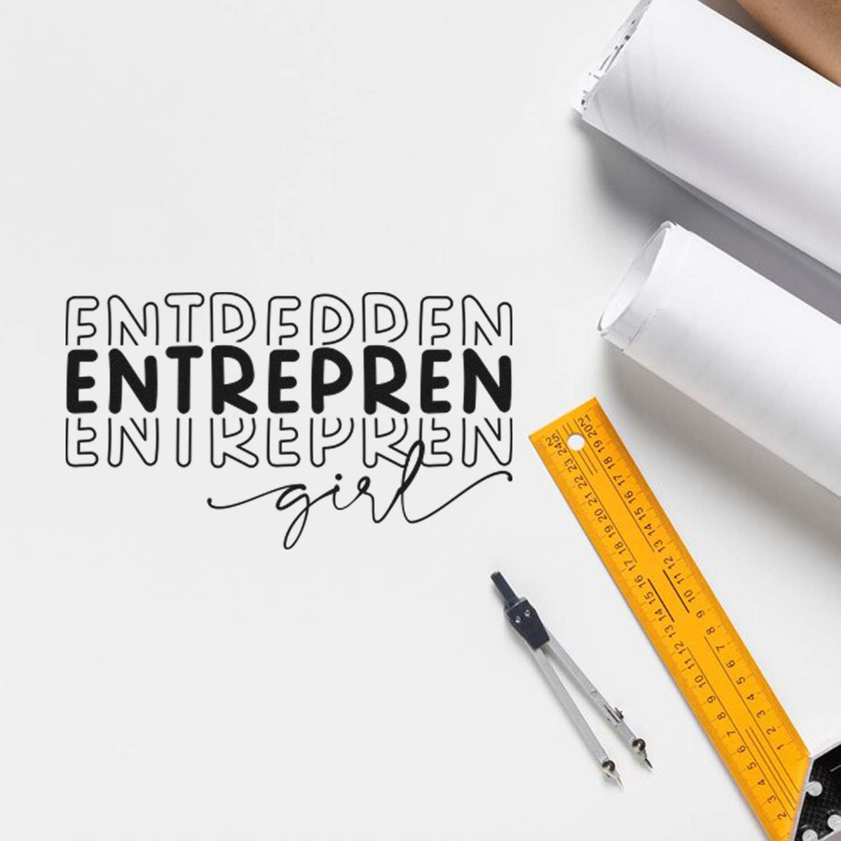 Girl Script With Repeated Outlined Letters Premium Wooden Stamp - Vintage Pro imprint stamped in black ink. The truncated word "ENTREPREN" repeats in outlined and bold capitals above the thin script word "girl."