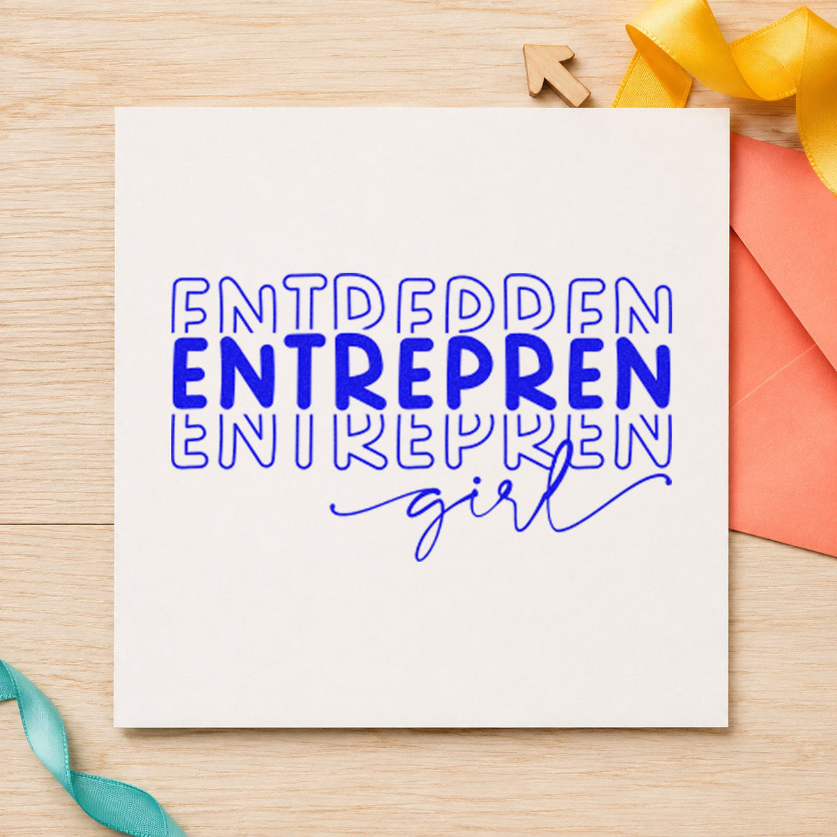 Entrepren Girl Repeated Lettering craft stamp imprinted in blue ink on paper, a design suited to framed packing room.