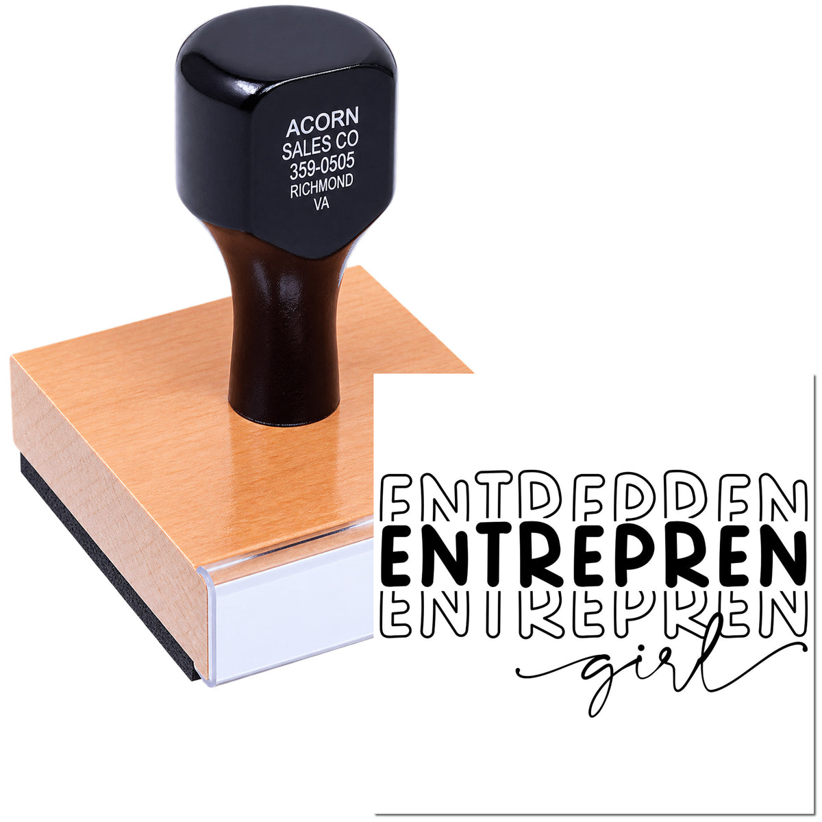 Personalized rubber stamp sample with custom logo imprint for business branding and packaging.