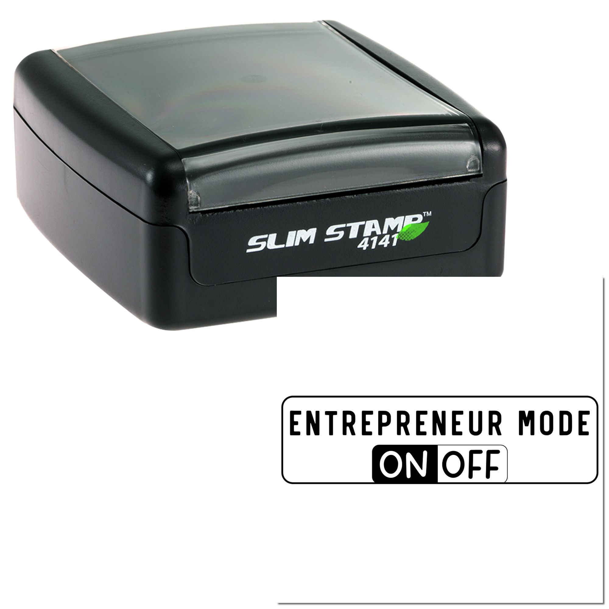Custom self-inking rubber stamp showing Entrepreneur Mode ON/OFF for business branding.
