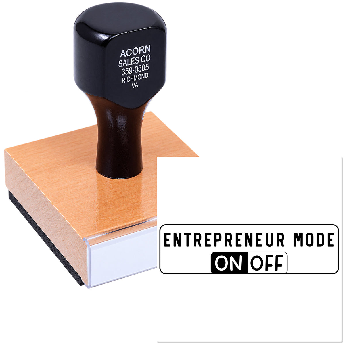 Custom rubber stamp for Entrepreneur Mode ON/OFF, shown on a block with business address imprint.