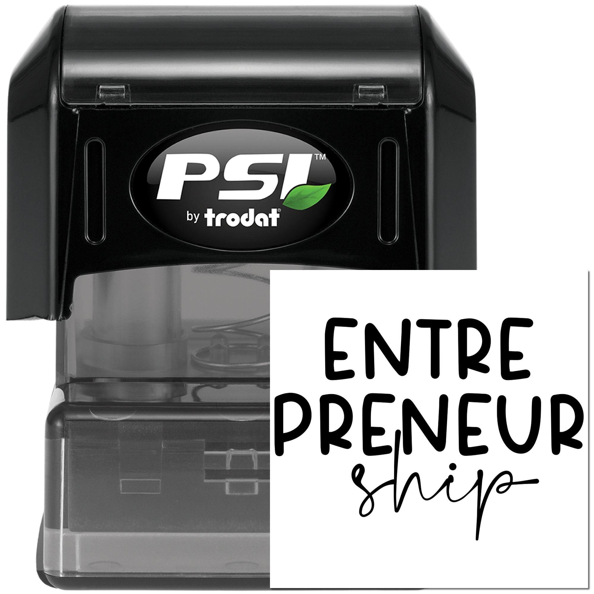 PSI by Trodat self-inking rubber stamp with custom entrepreneurship imprint for business branding.