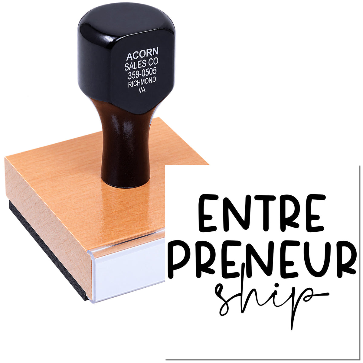 Custom rubber stamp with Entrepreneurship wordmark for business branding and promotional use.
