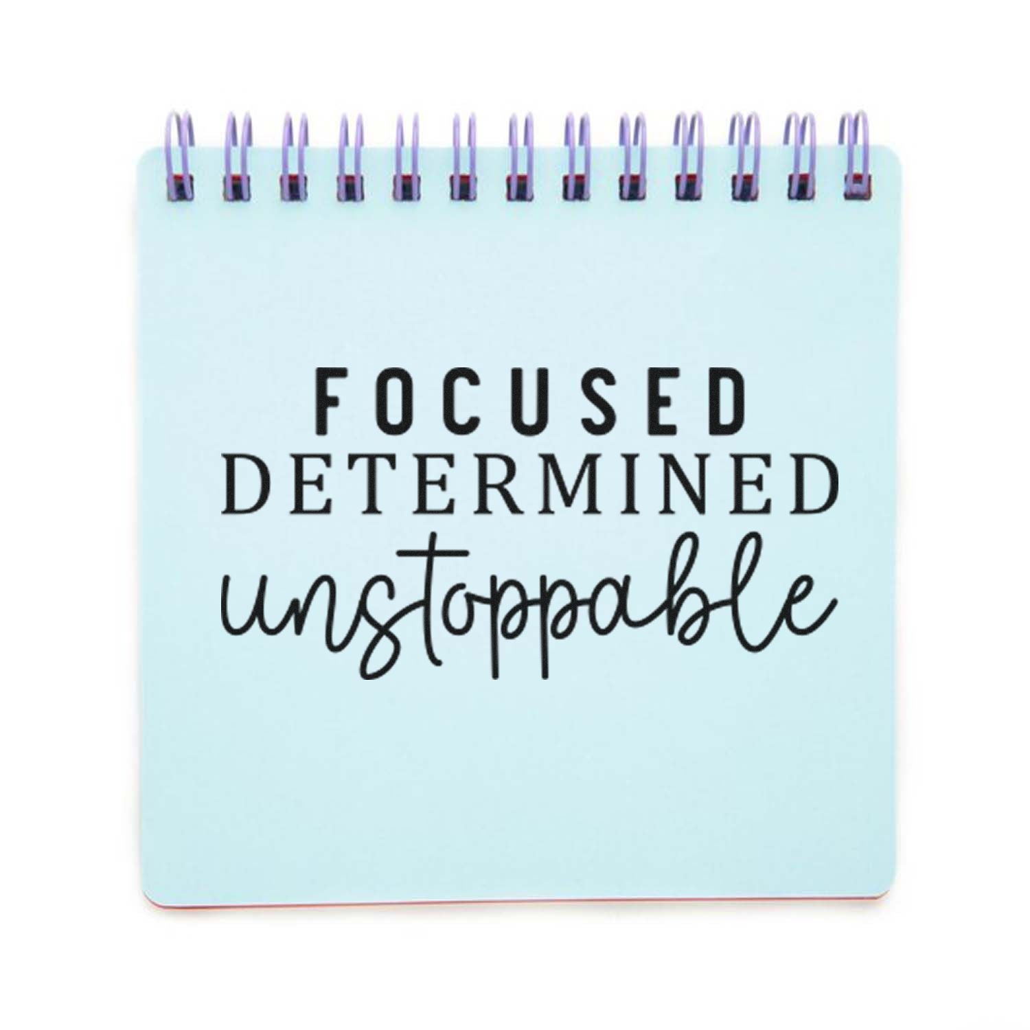Motivational rubber stamp design with Focused Determined Unstoppable text for planners, journaling, and goal-setting.