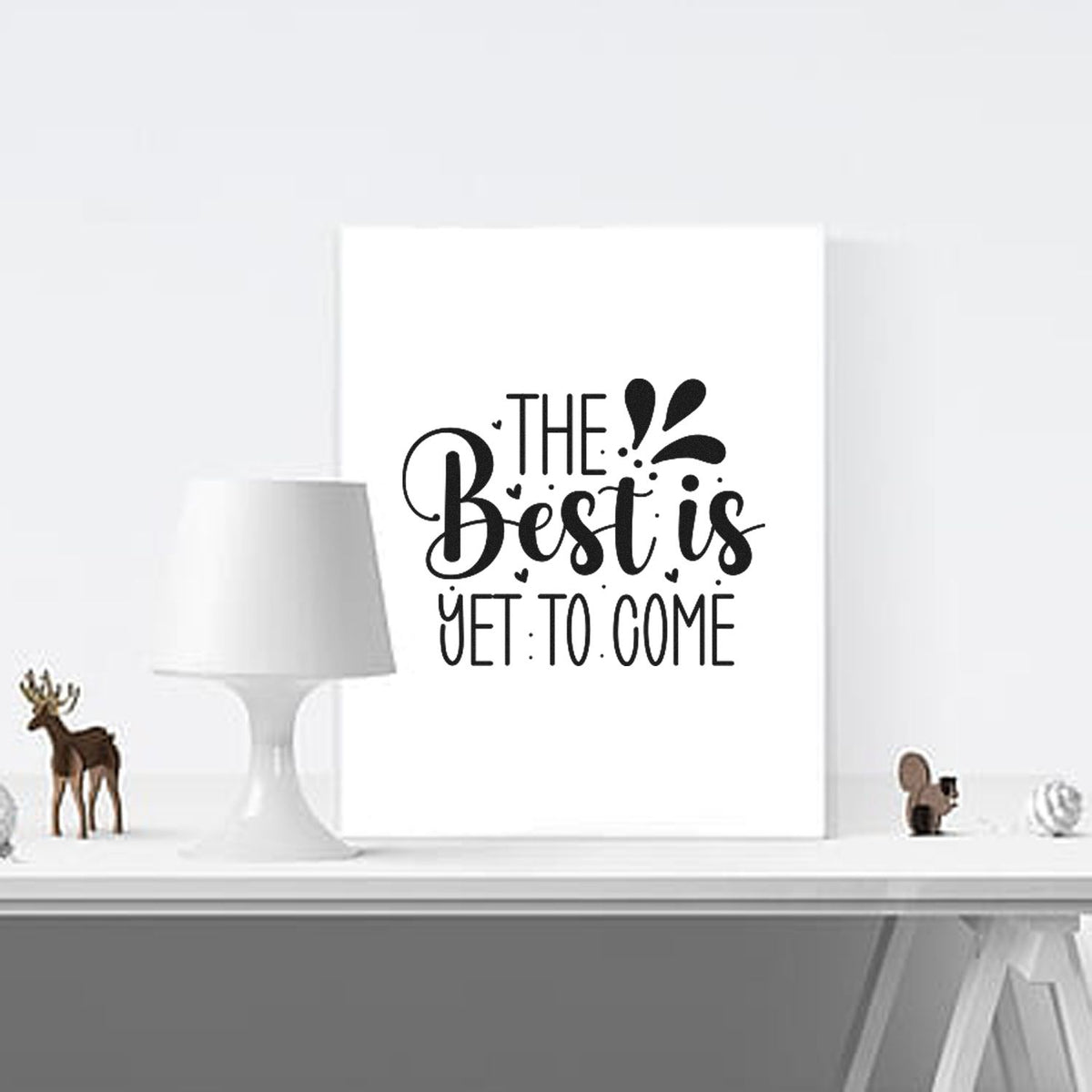The Best Is Yet To Come Premium Wood-Mounted Stamp - Vintage Pro imprint stamped in black ink. The phrase "The best is yet to come" appears in mixed lettering with hearts, dots, and large splash accents.