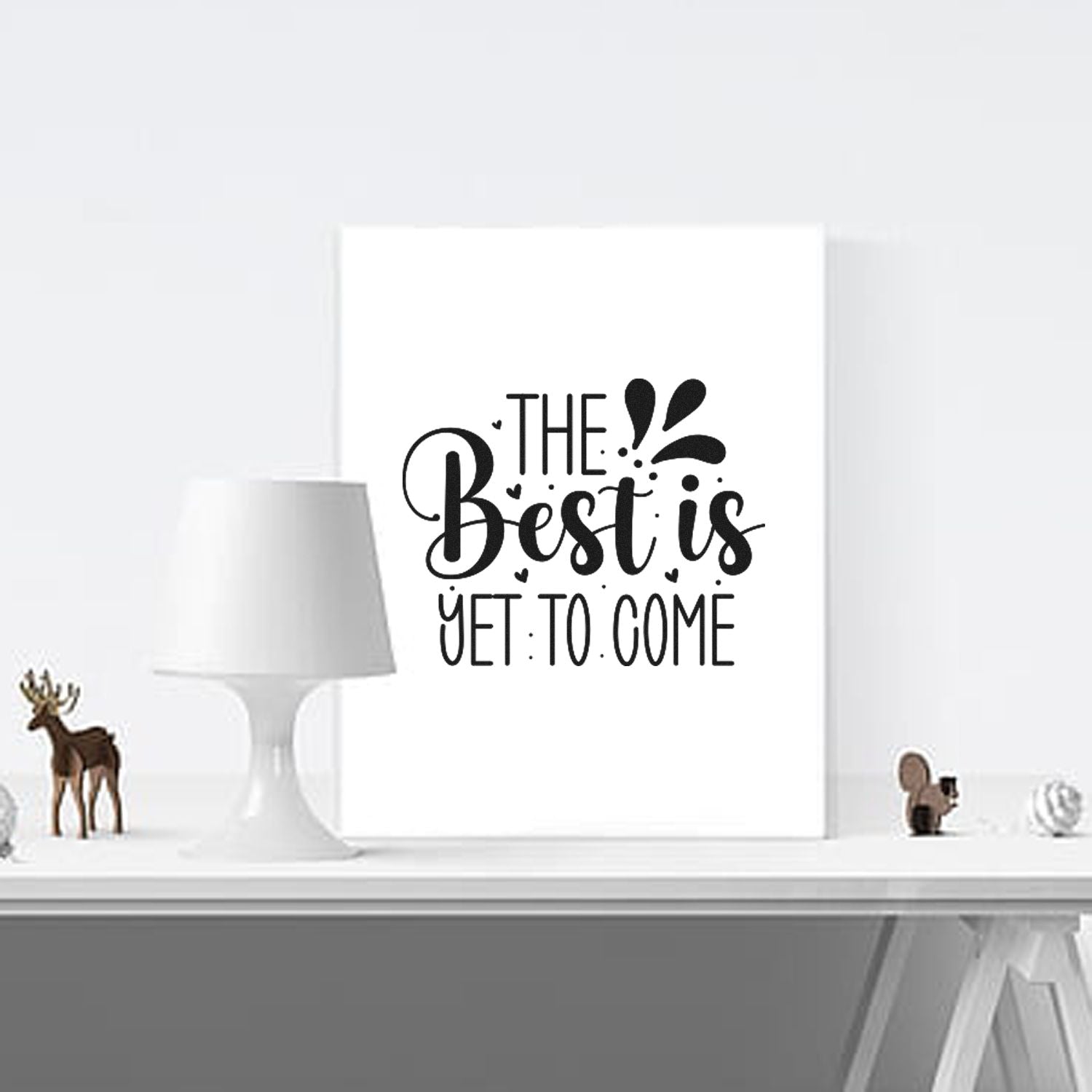 Best is Yet to Come rubber stamp design displayed as modern wall art with decorative script and heart accents.