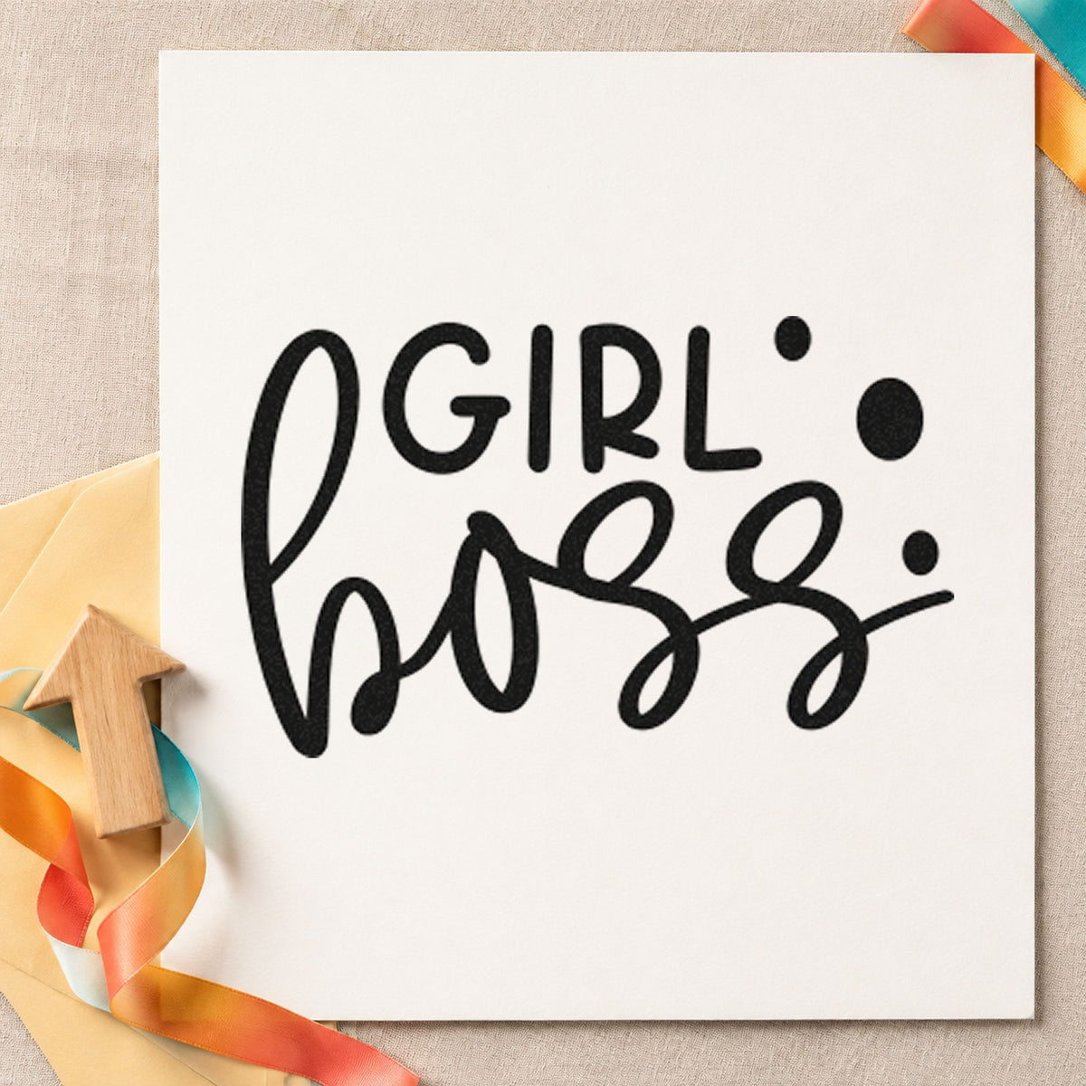 Girl Boss Bold Script craft stamp in black ink on cardstock, an easy option for client album page.
