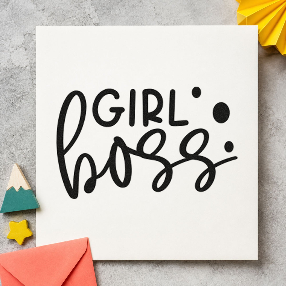 Girl Boss Bold Script craft stamp imprint in black ink on a handmade project, one idea being supply kit gift tags.