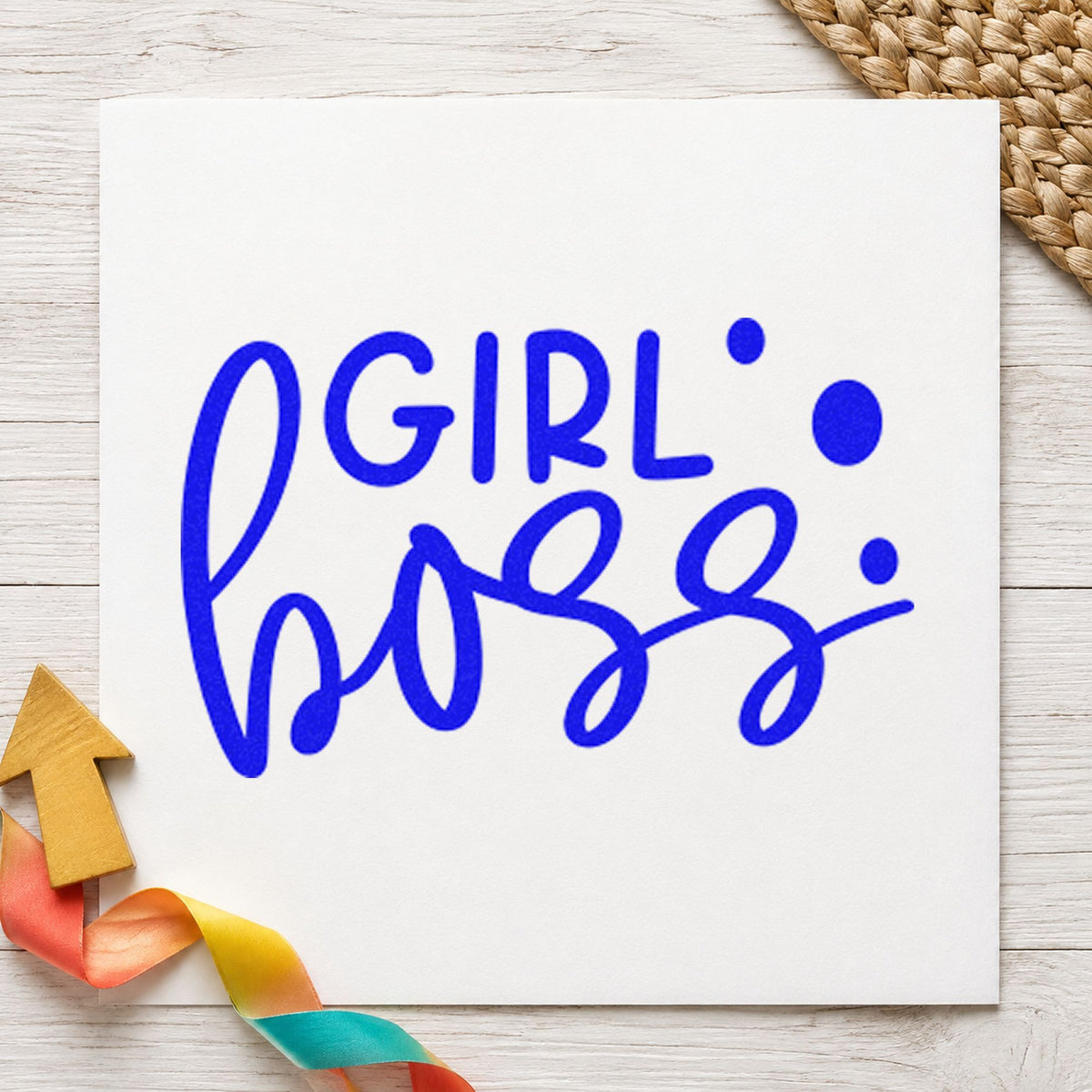 Girl Boss Bold Script craft stamp imprinted in blue ink on paper, a design suited to framed van bay.