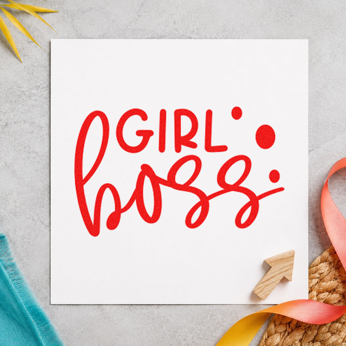 Girl Boss Bold Script craft stamp imprint in red ink on a handmade project, one idea being visit note cards.
