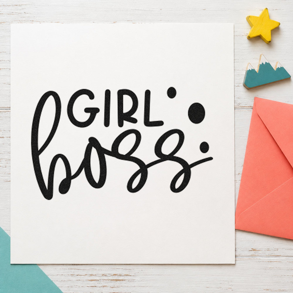 Girl Boss Bold Script rubber stamp printed in black ink, ready for oversized dot cards and similar paper crafts.