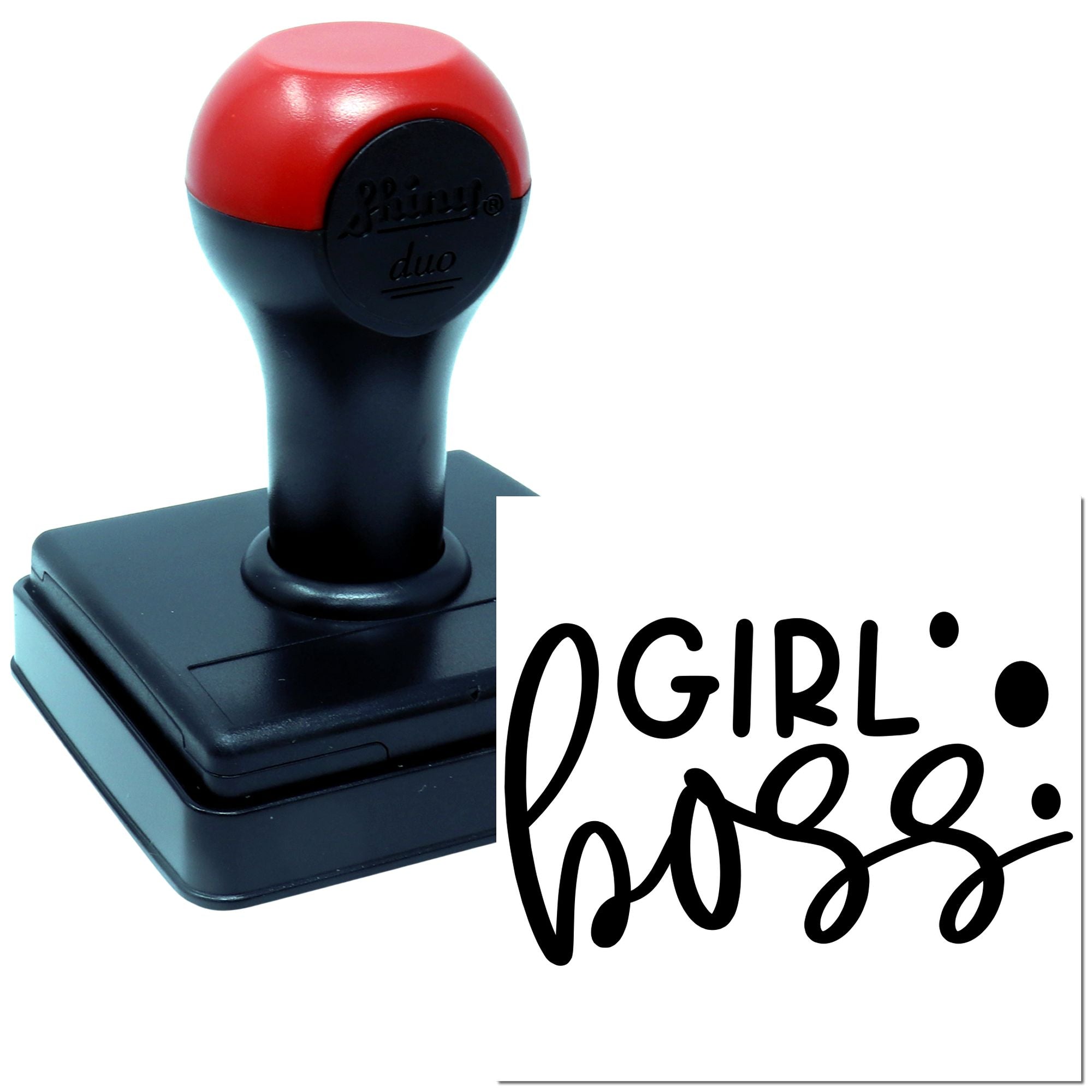Custom self-inking rubber stamp with Girl Boss design for branding, packaging, and personalized business stationery.