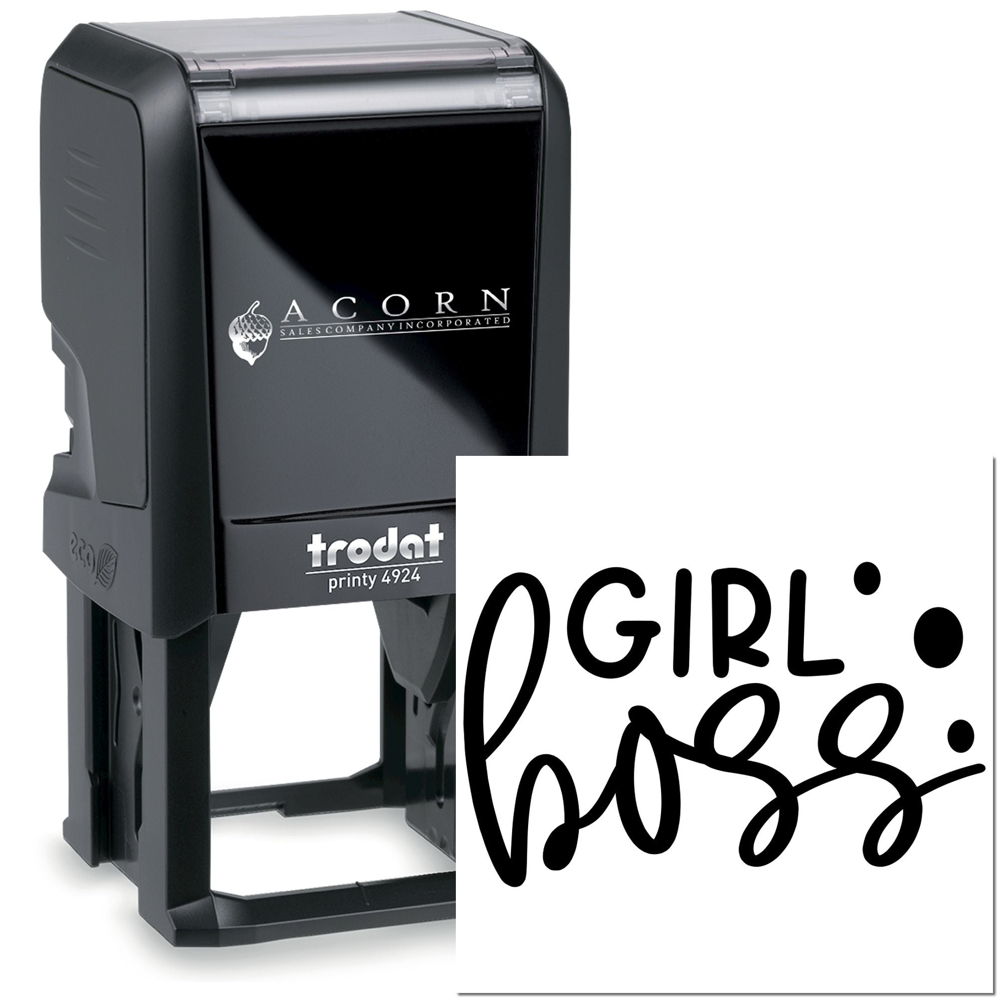 Custom self-inking rubber stamp with Girlboss imprint, ideal for personalized business branding and office use.