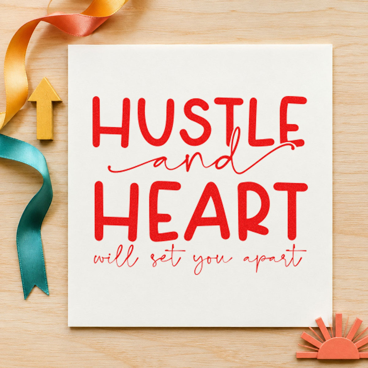 Hustle Heart Set You Apart rubber stamp shown in red ink, stamped for projects such as crate equipment labels.