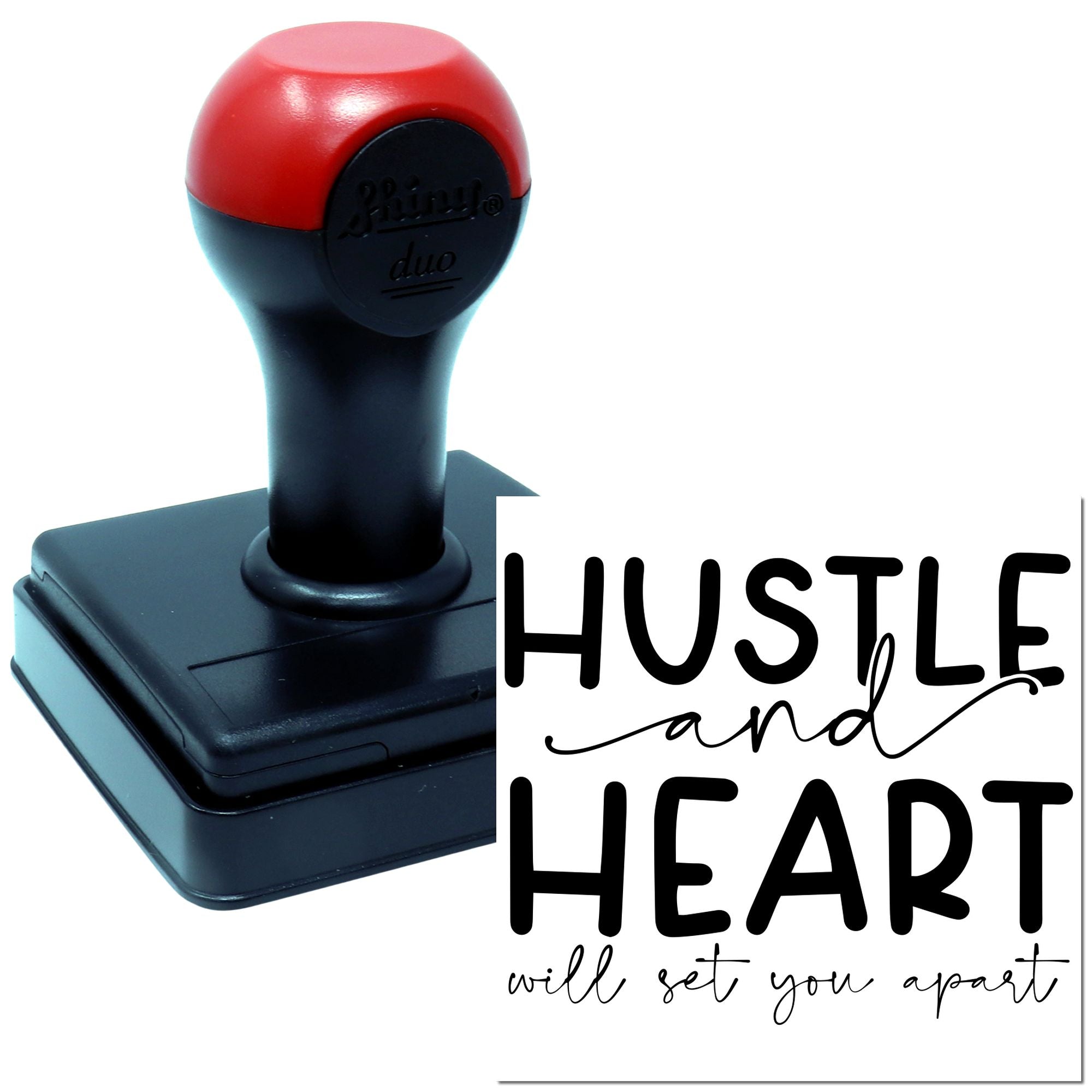 Self-inking rubber stamp with Hustle and Heart Will Set You Apart quote for motivational crafting and business branding.