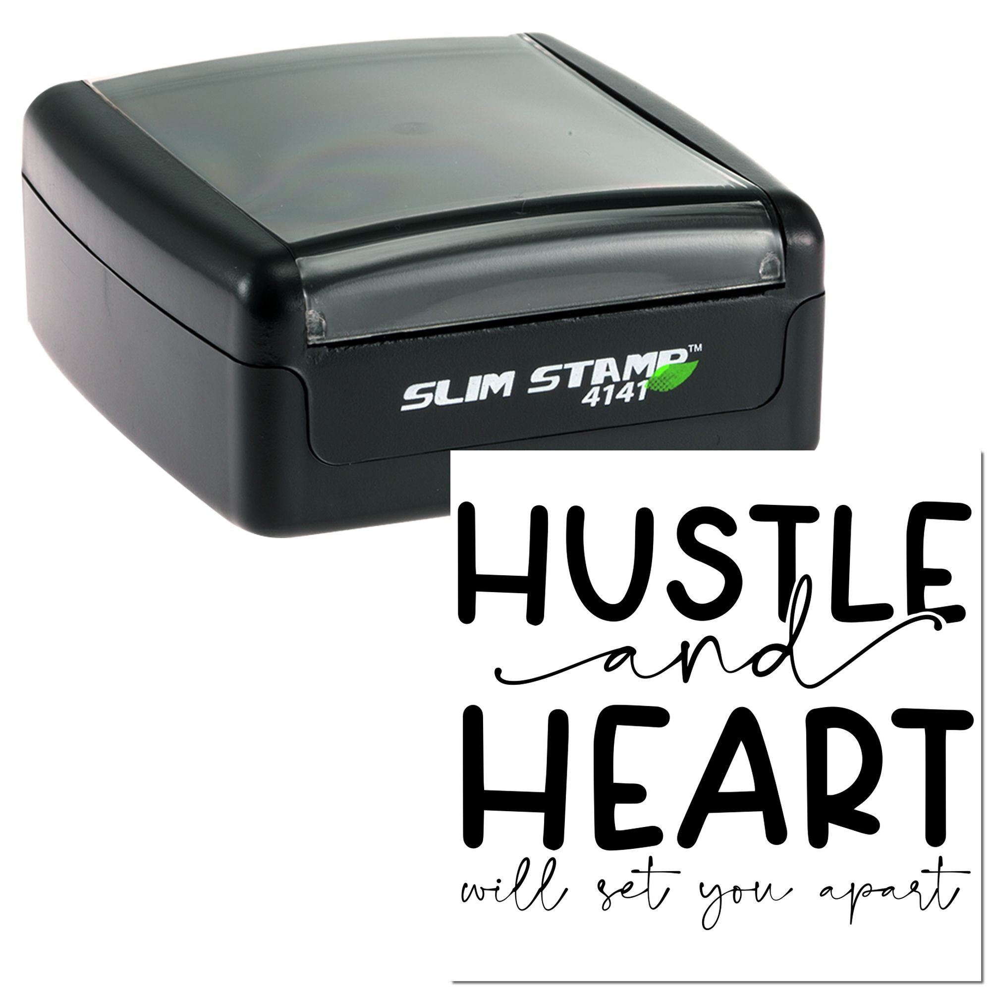 Self-inking rubber stamp with Hustle and Heart Will Set You Apart design for motivational paper crafts and custom stamping.