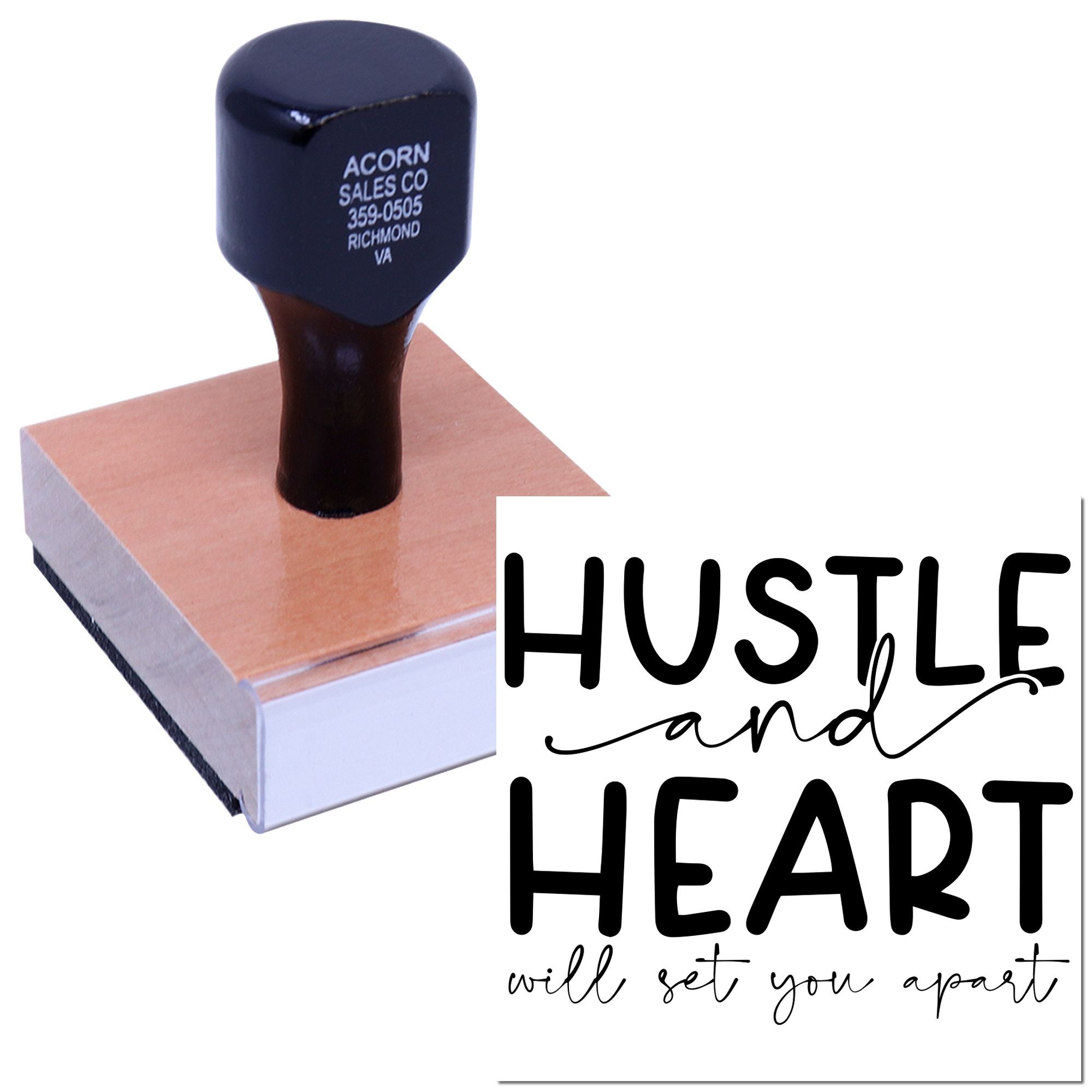 Custom motivational rubber stamp featuring Hustle and Heart Will Set You Apart for business branding, packaging, and handmade use.