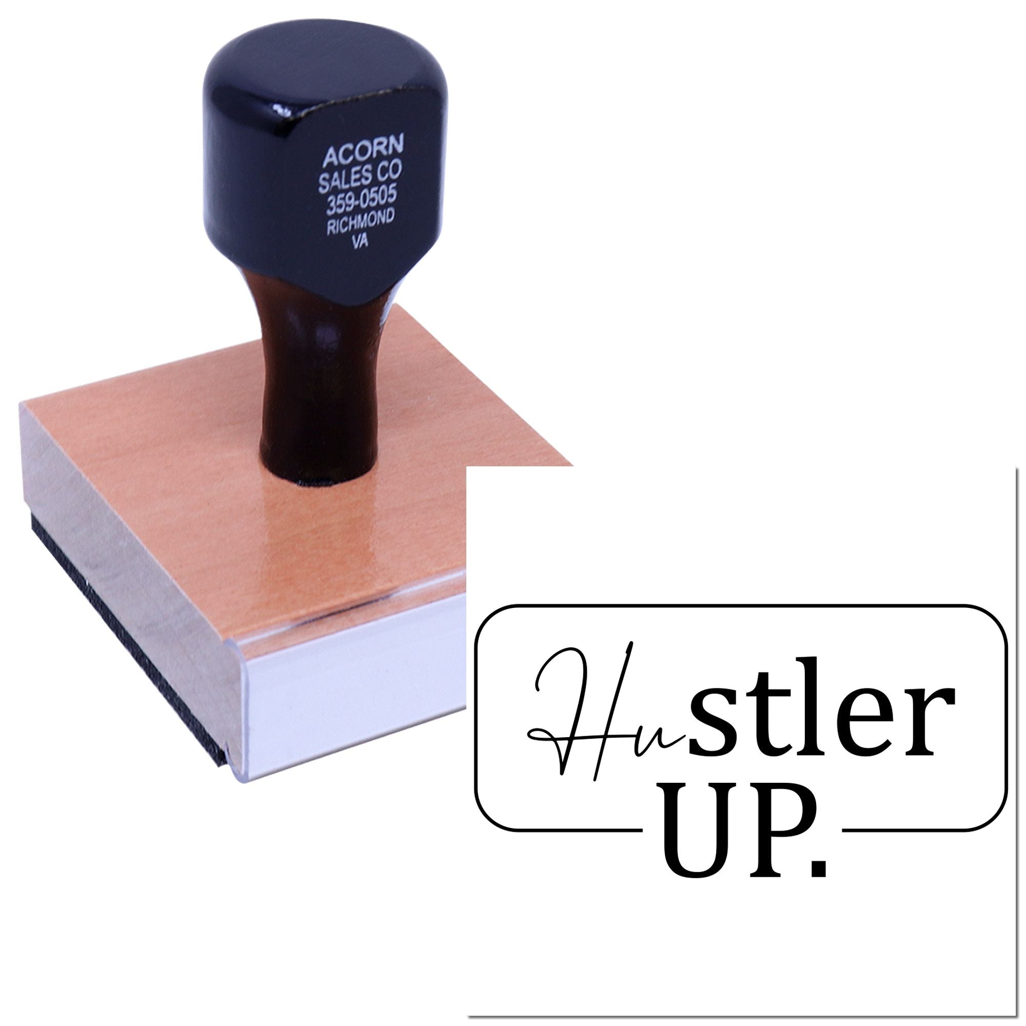 Custom self-inking rubber stamp for business branding, shown stamping a block with Hustler UP logo.