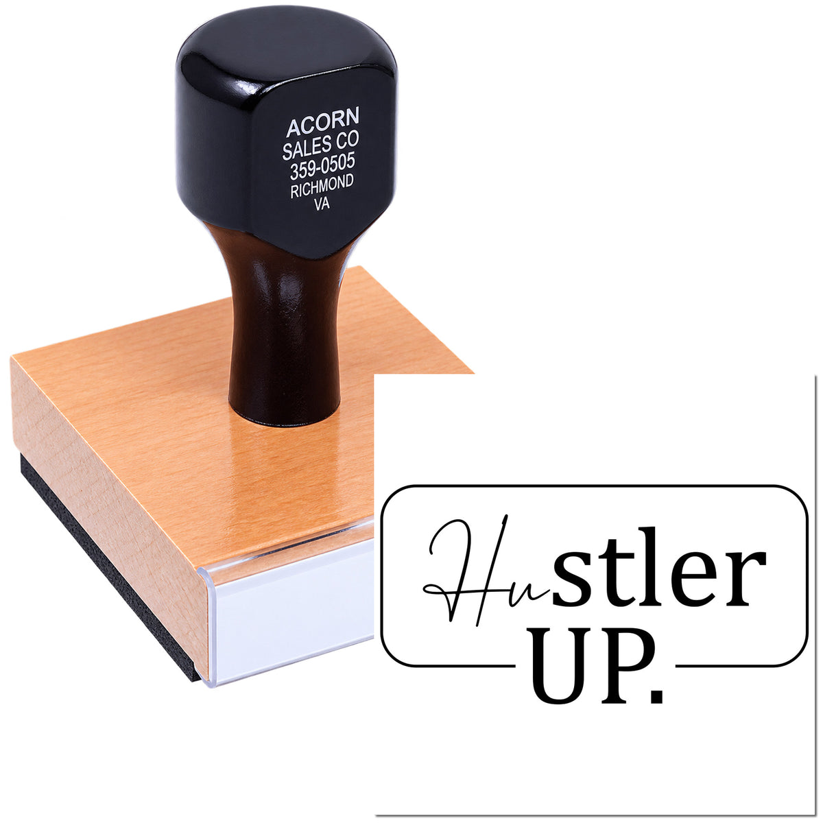 Custom self-inking rubber stamp for business branding, shown stamping a block with Hustler UP logo.