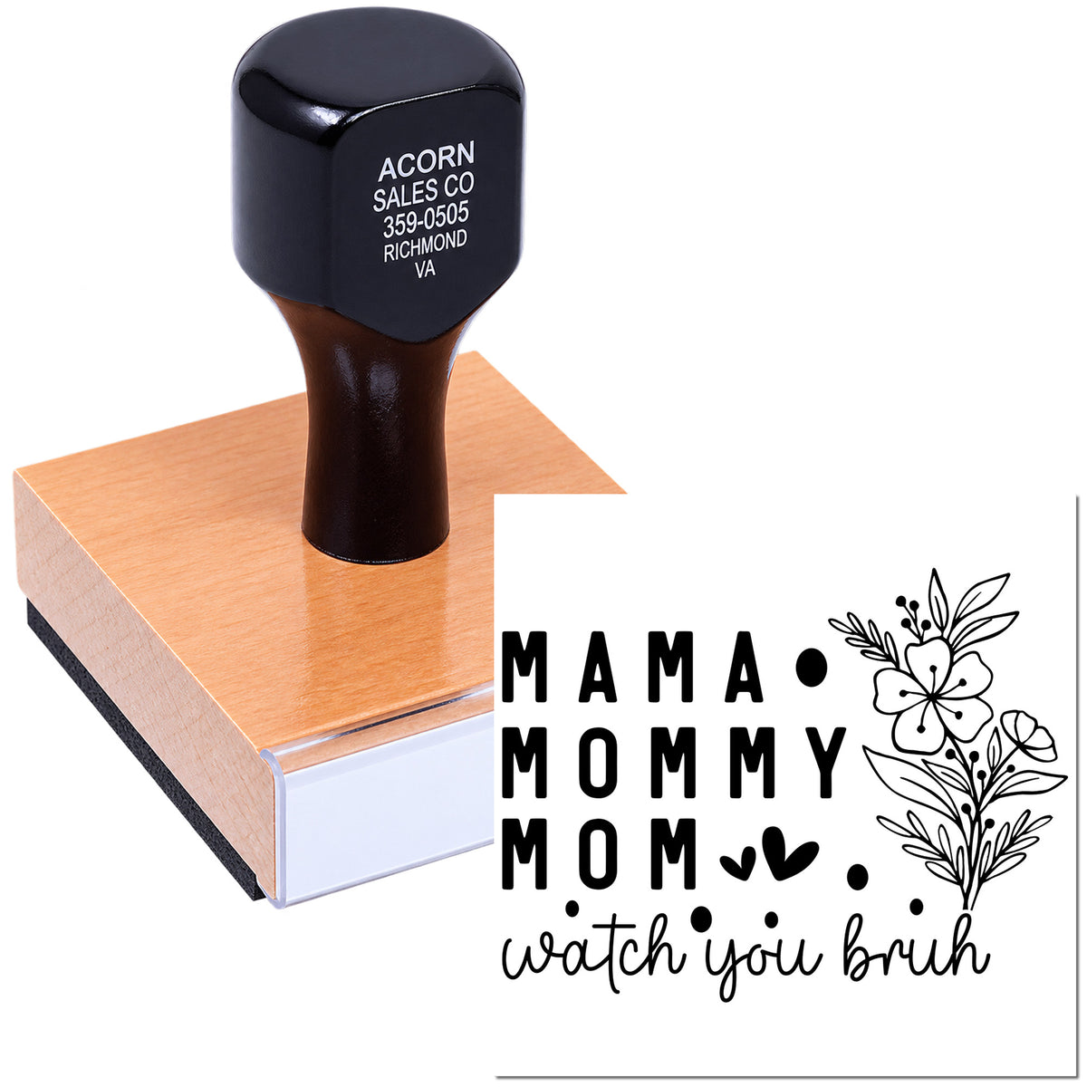 Custom self-inking rubber stamp with Mama Mommy Mom floral design, ideal for handmade Mothers Day cards.