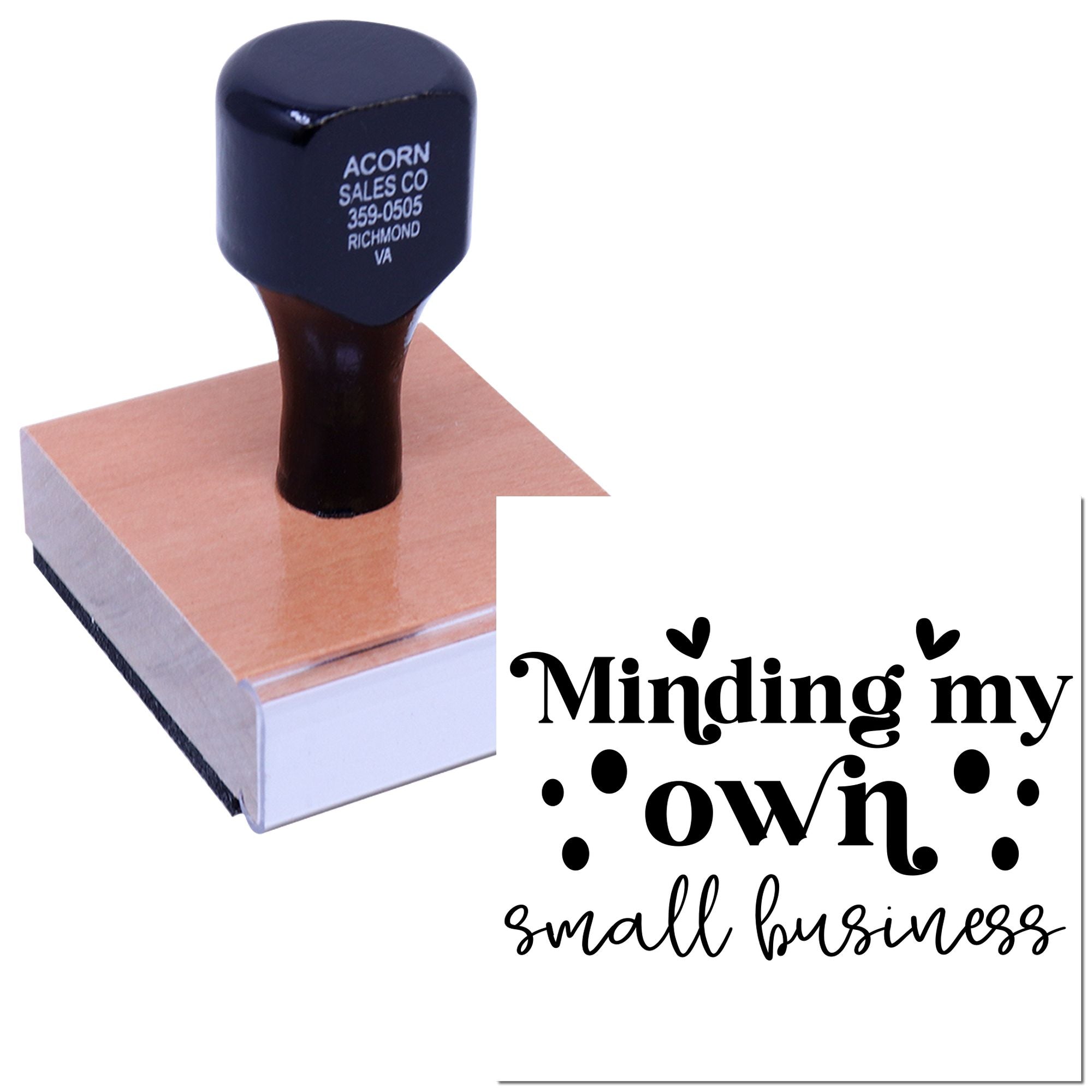 Custom rubber stamp featuring Minding My Own Small Business design on a self-inking stamp block for small business branding.