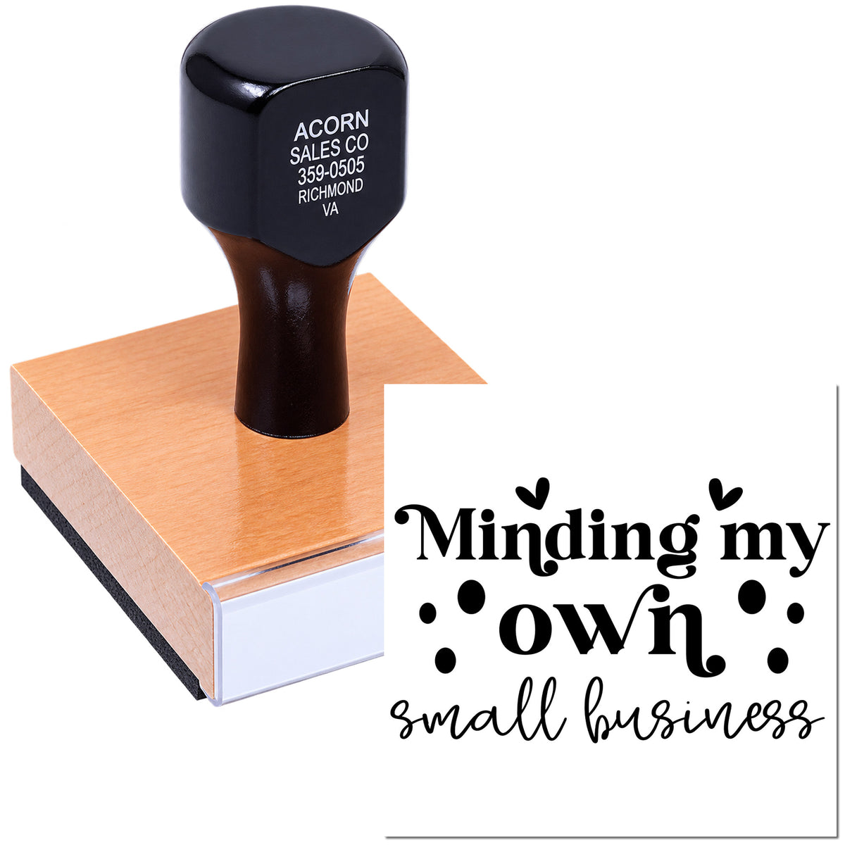 Custom rubber stamp featuring Minding My Own Small Business design on a self-inking stamp block for small business branding.
