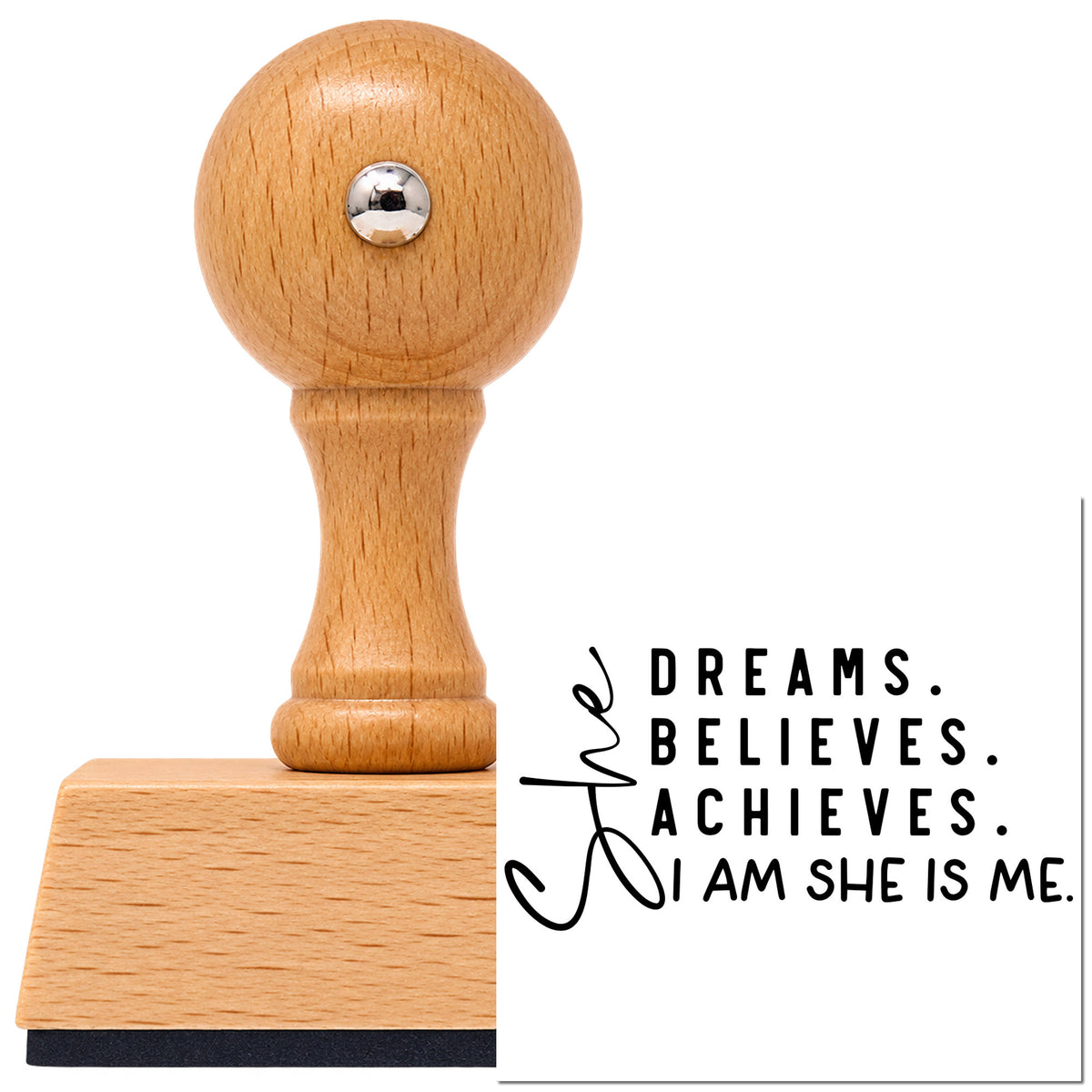 She Dreams Believes Achieves Vintage Pro rubber stamp in European beech wood with a round knob handle, shown beside its black imprint.