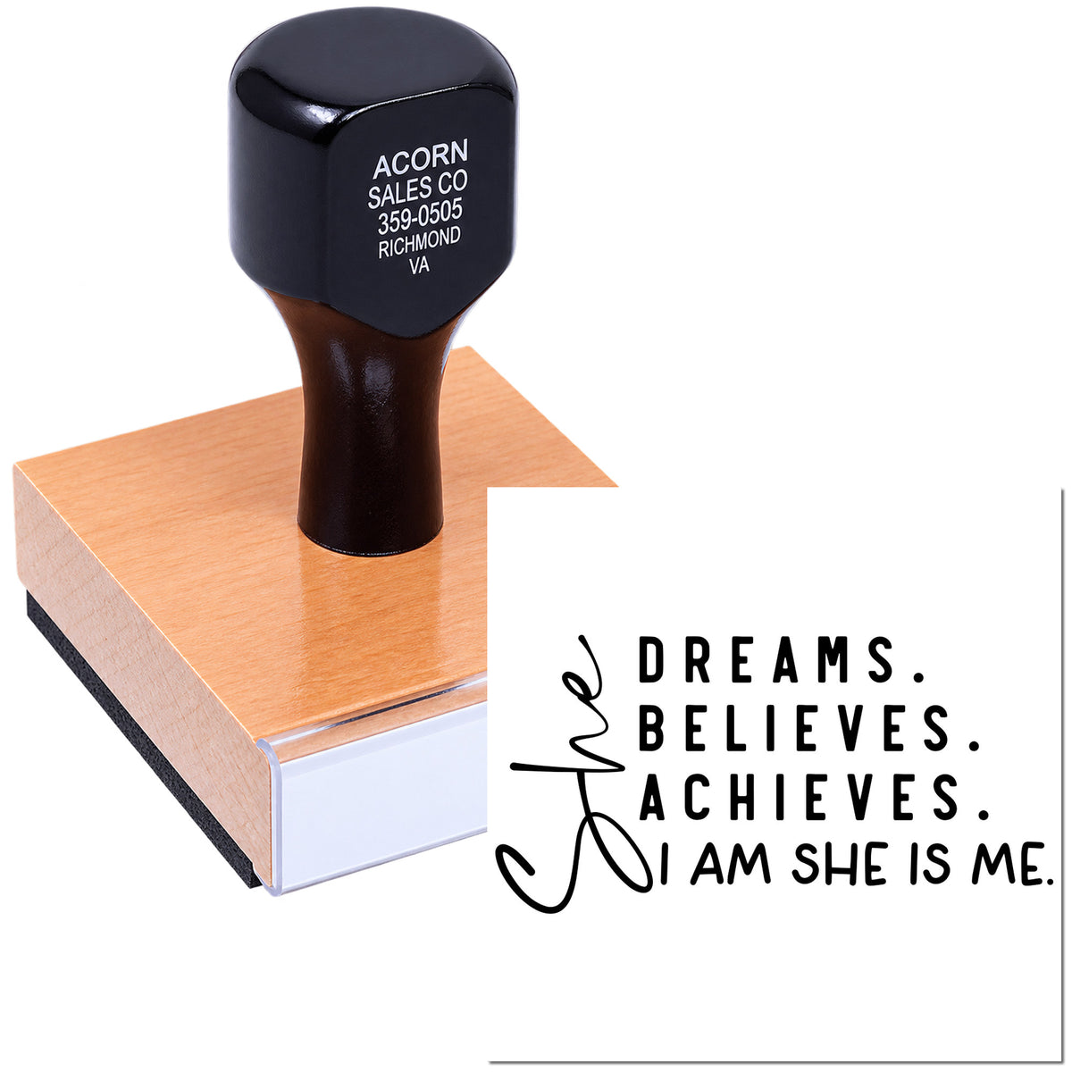 Custom rubber stamp with motivational quote imprint, showing a personalized stamp design for branding, crafting, or paper goods.