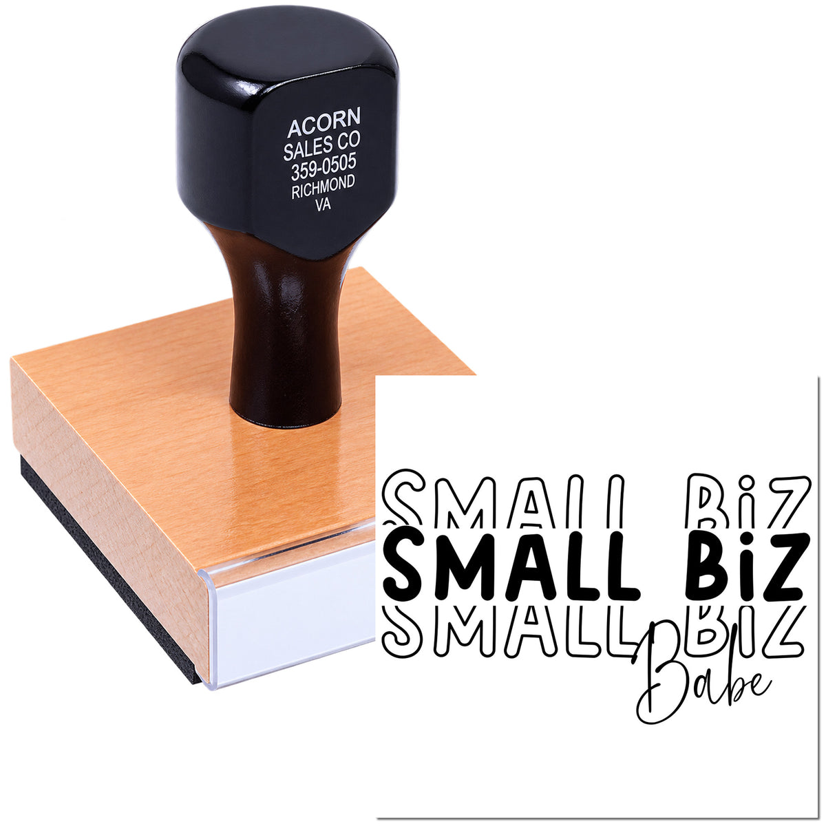 Custom small business rubber stamp with Small Biz Babe design for branding, packaging, and handmade shop labels.
