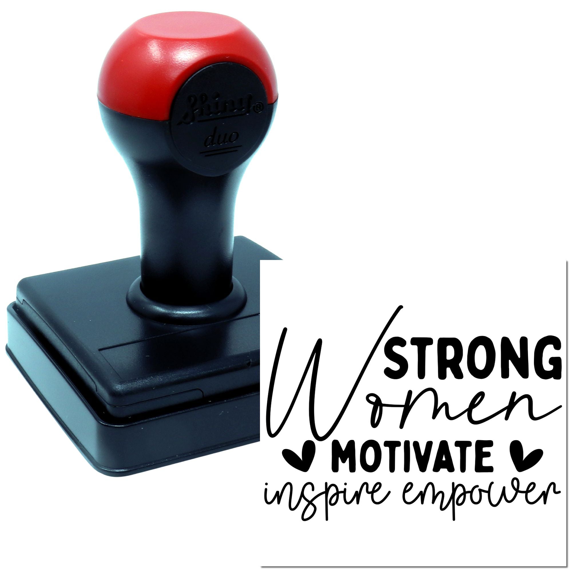 Custom self-inking rubber stamp with Strong Women Motivate Inspire Empower design for DIY crafts and gifts.