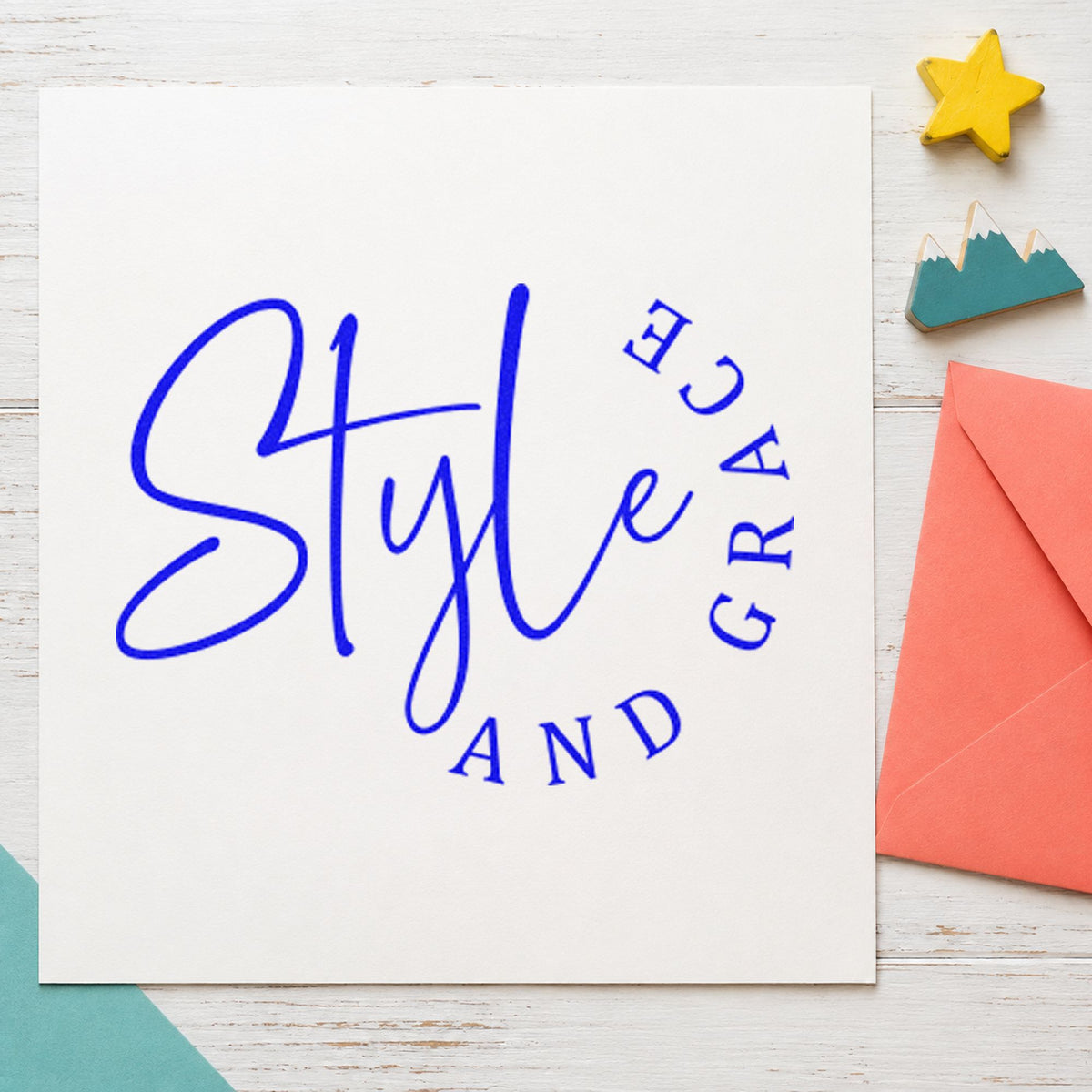 Style And Grace Lettering craft stamp in blue ink on cardstock, an easy option for sample bag printing.