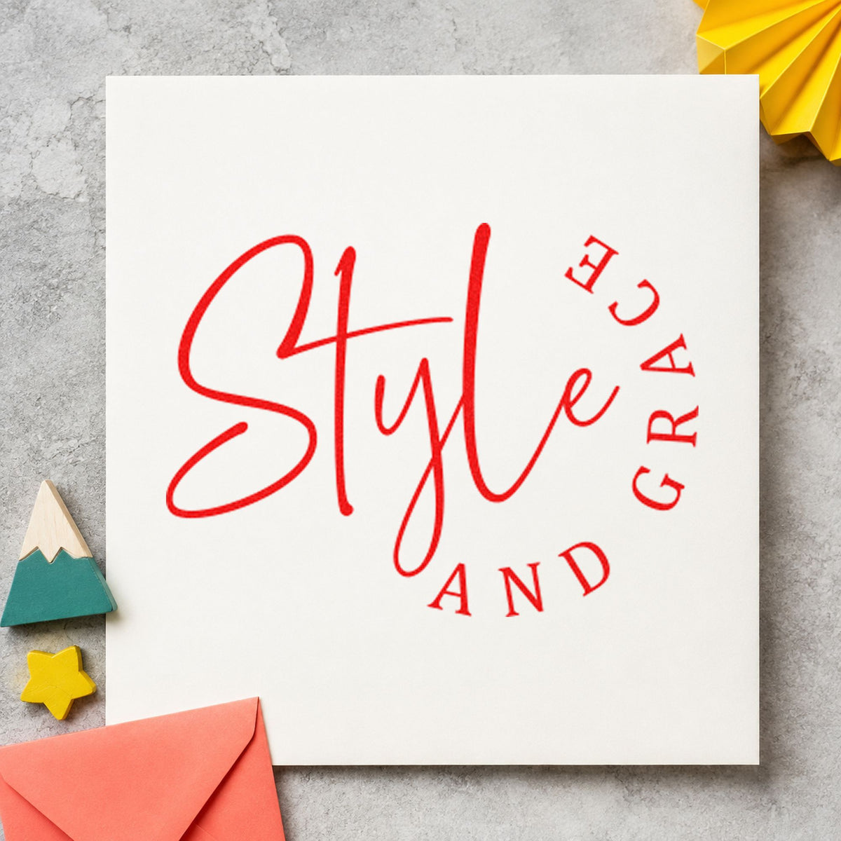 Style And Grace Lettering rubber stamp shown in red ink, stamped for projects such as bin swatch labels.