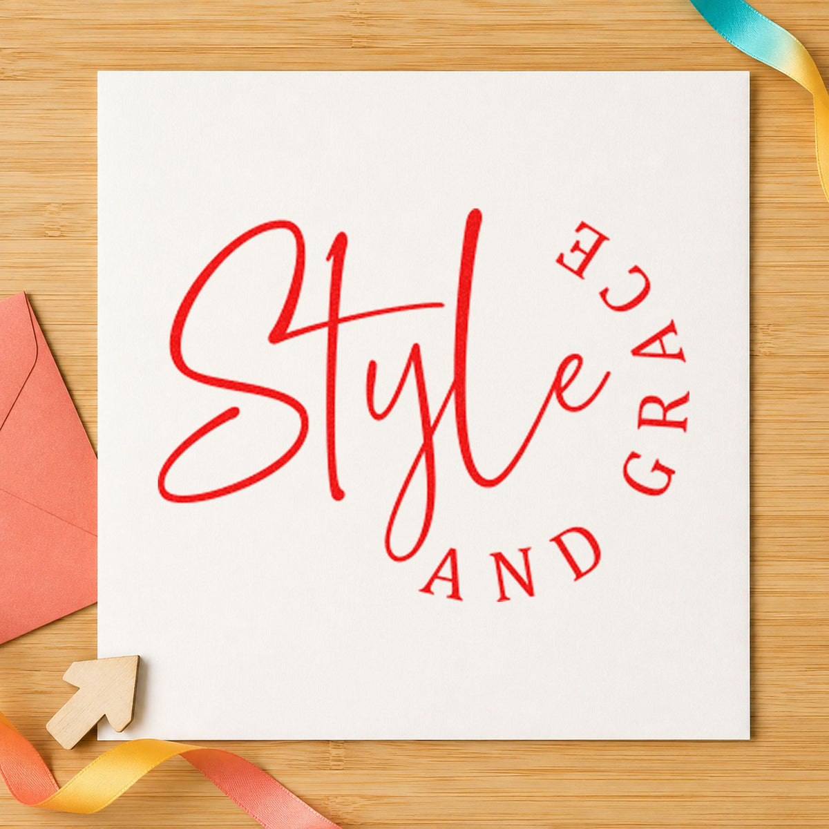 Style And Grace Lettering craft stamp imprint in red ink on a handmade project, one idea being room spec cards.