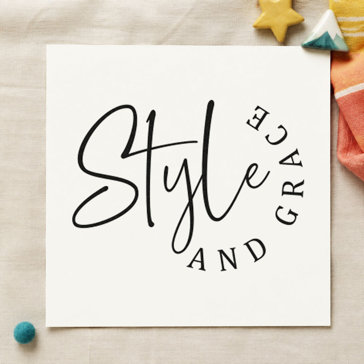 Style And Grace Lettering rubber stamp printed in black ink, ready for curved serif cards and similar paper crafts.