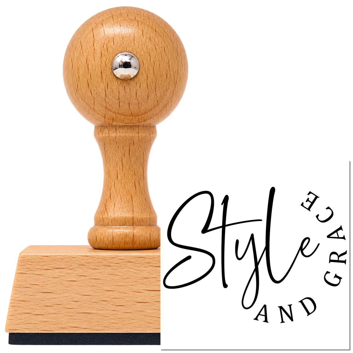 Style And Grace Vintage Pro rubber stamp in European beech wood with a round knob handle, shown beside its black imprint.