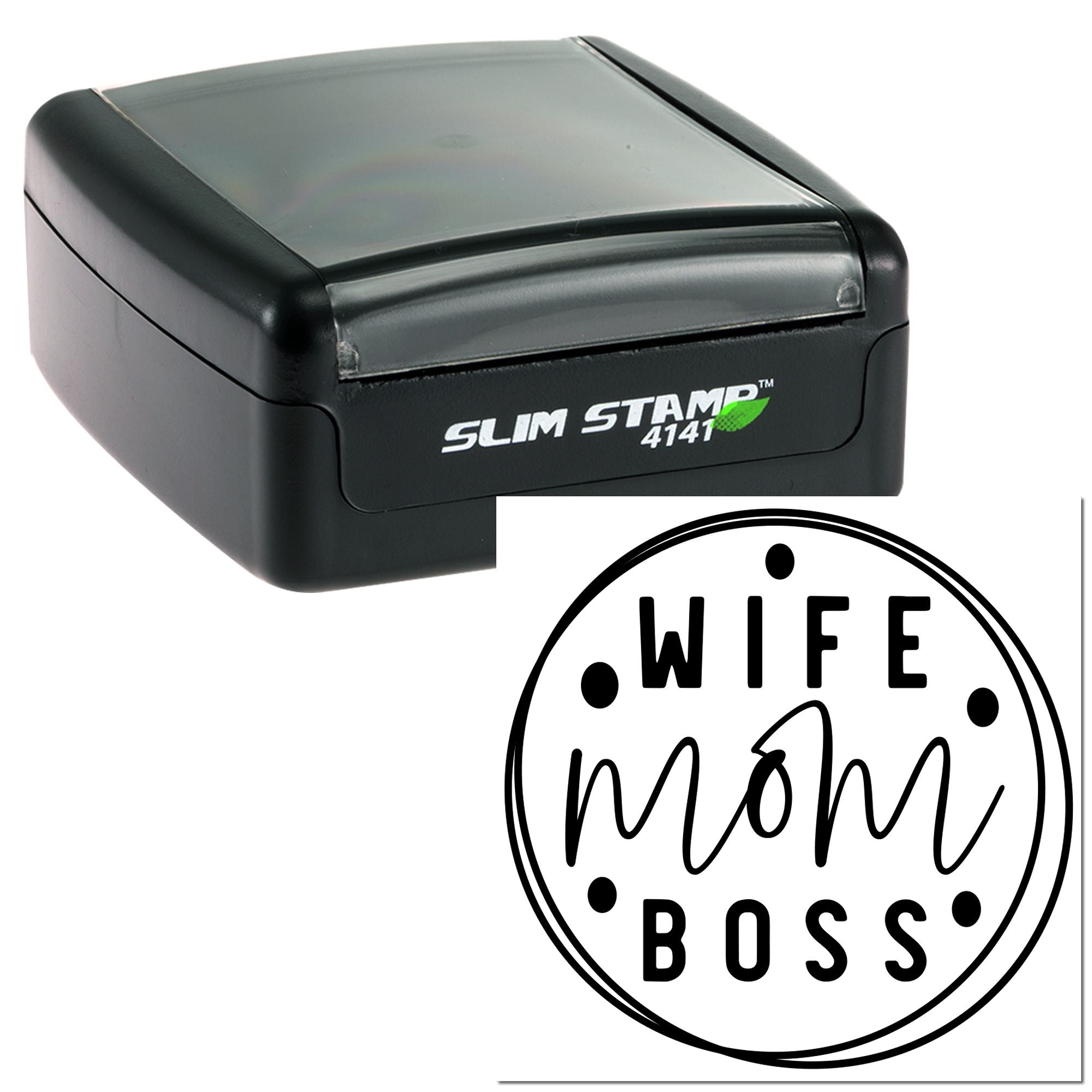 Self-inking rubber stamp with Wife Mom Boss circular design, ideal for personalized gift and office stamping.