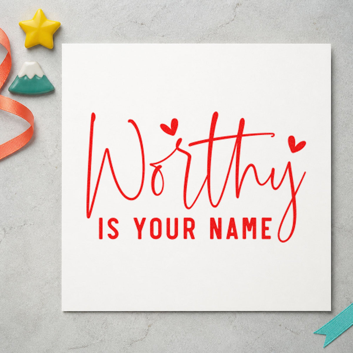 Worthy Is Your Name rubber stamp shown in red ink, stamped for projects such as shelf section labels.