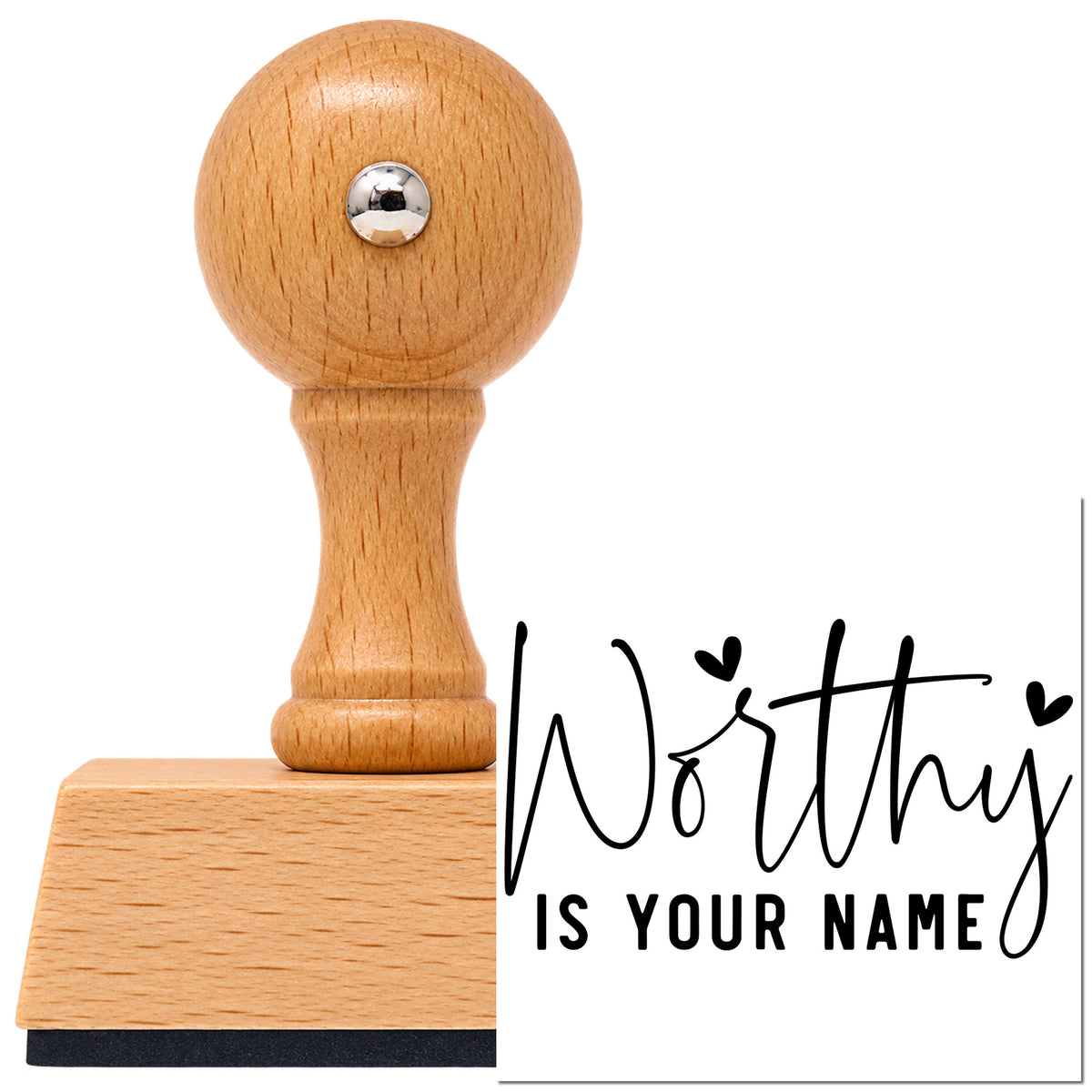 Worthy Is Your Name Vintage Pro rubber stamp in European beech wood with a round knob handle, shown beside its black imprint.
