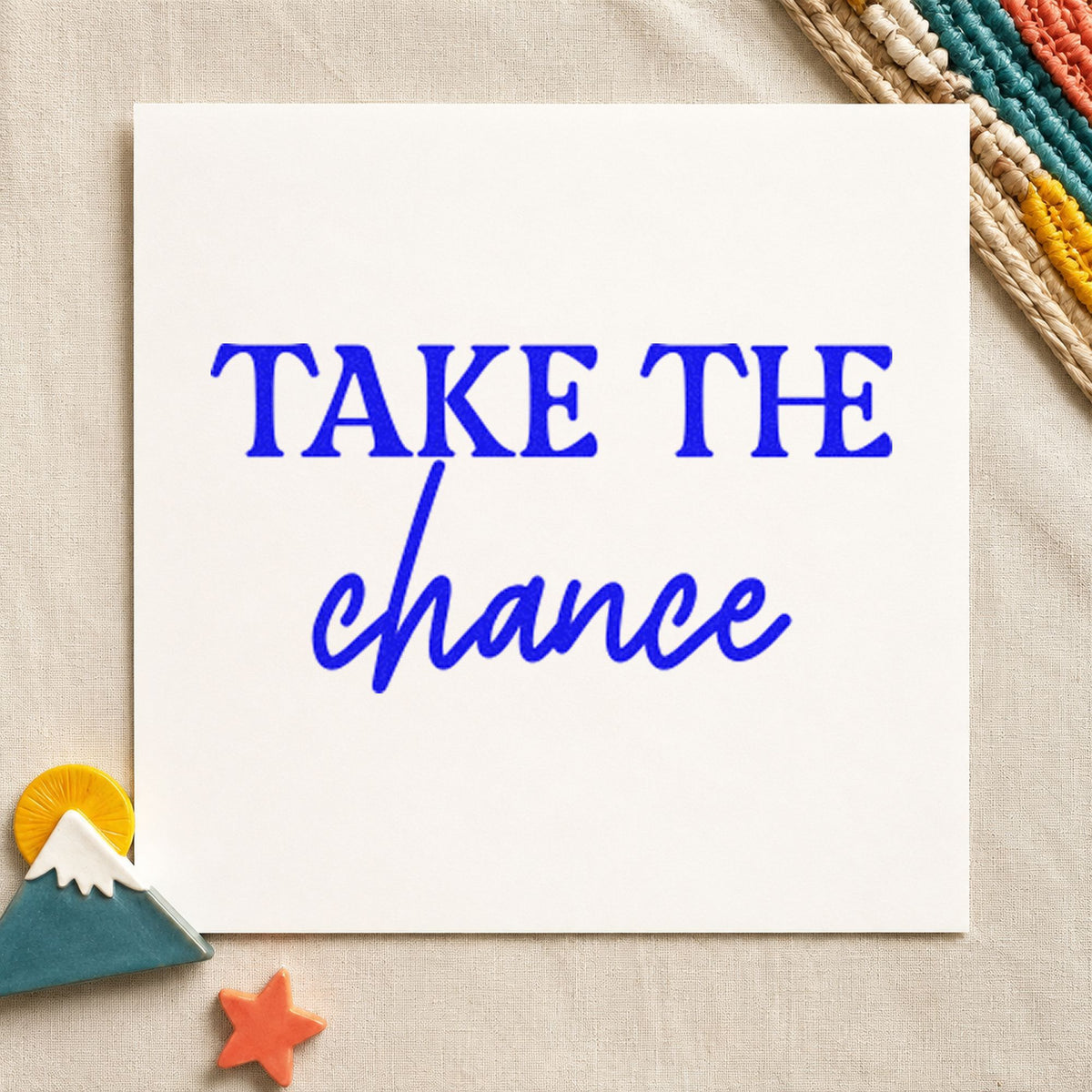 Take The Chance Lettering craft stamp in blue ink on cardstock, an easy option for mic cover printing.