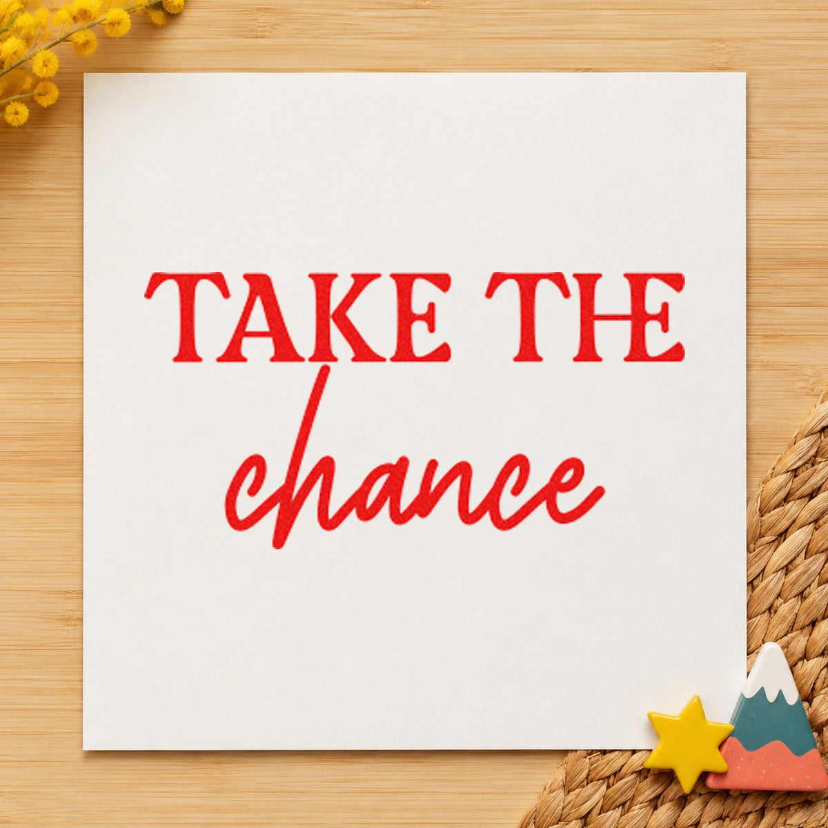 Take The Chance Lettering rubber stamp shown in red ink, stamped for projects such as bin cable labels.