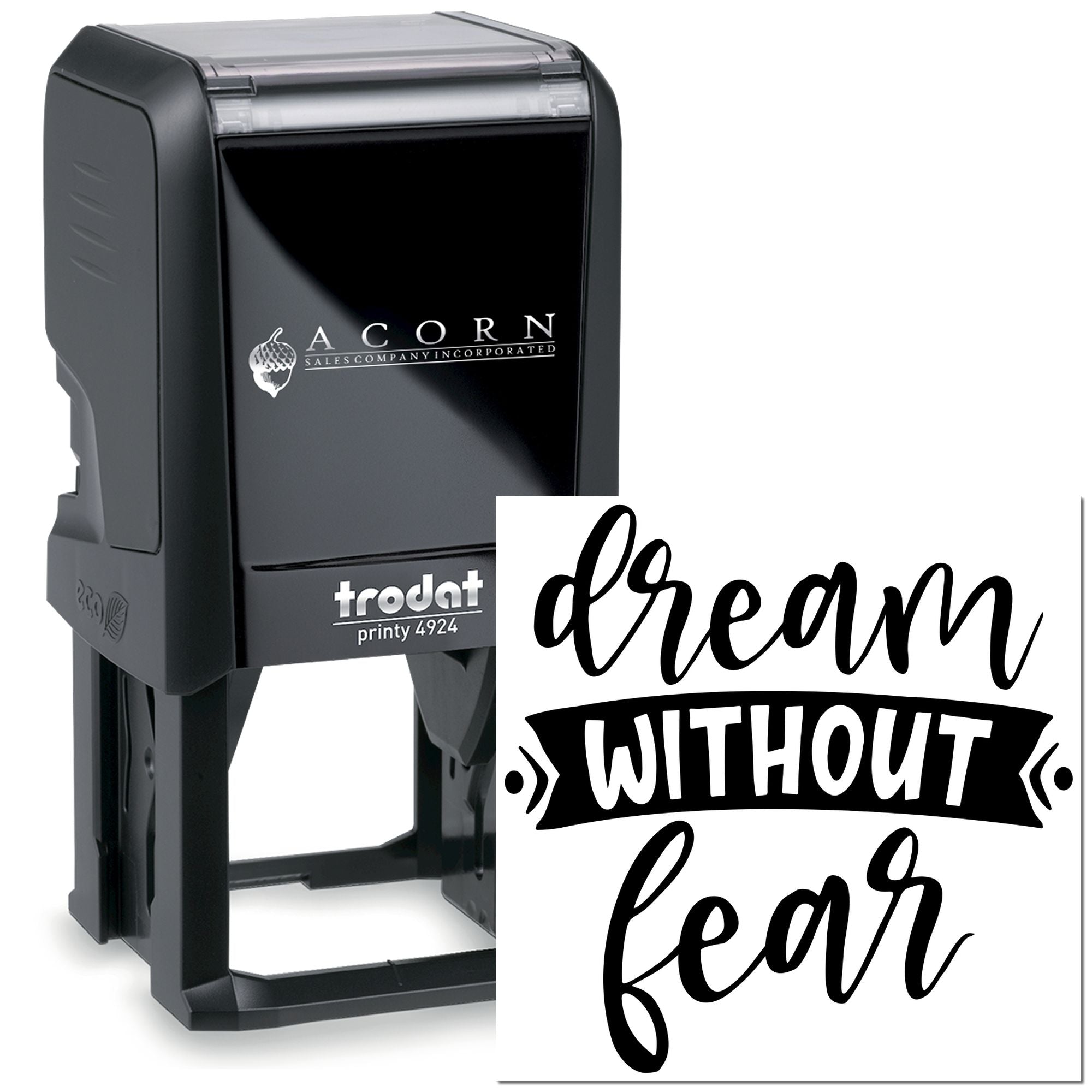 Custom self-inking rubber stamp with dream without fear design, ideal for branding, packaging, and handmade business use.