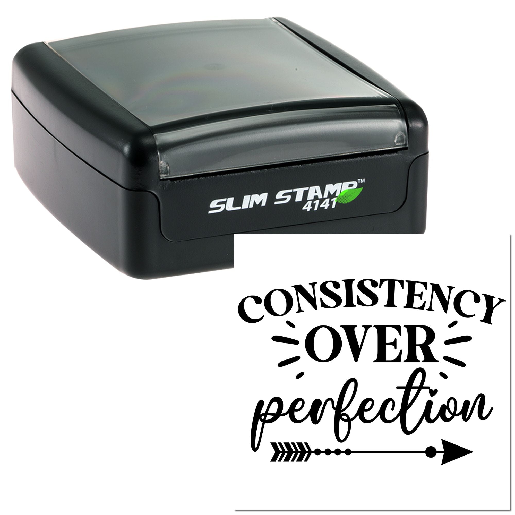 Slim Stamp 4141 self-inking rubber stamp showing consistency over perfection custom motivational imprint.