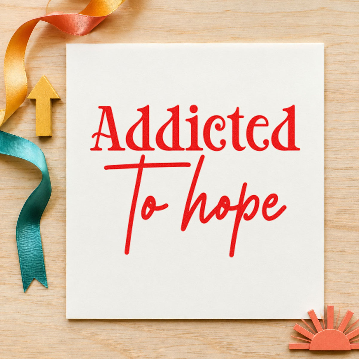 Addicted To Hope Lettering rubber stamp shown in red ink, stamped for projects such as drawer material labels.