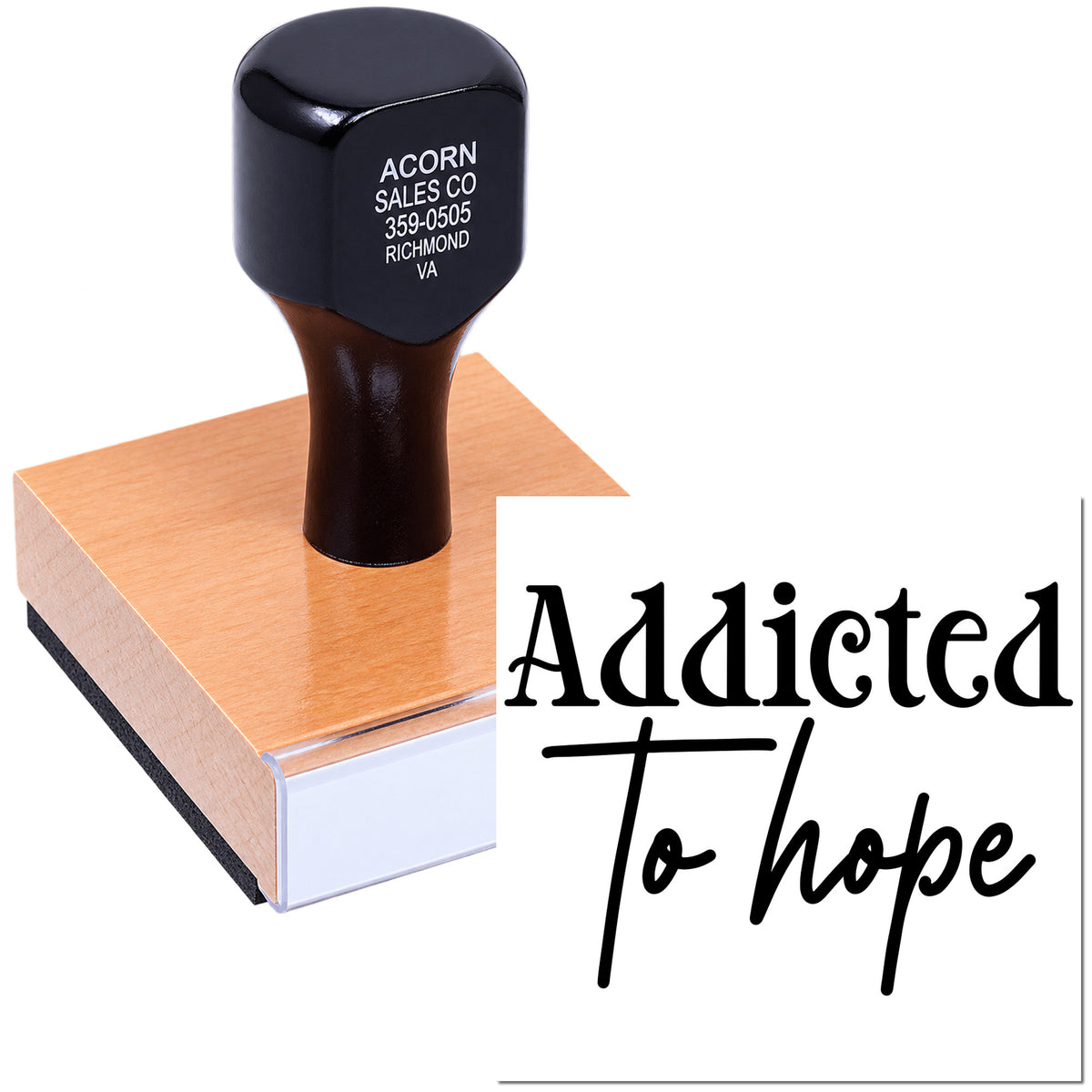 Addicted to Hope custom rubber stamp with decorative script, perfect for inspirational crafts, packaging, and cards.