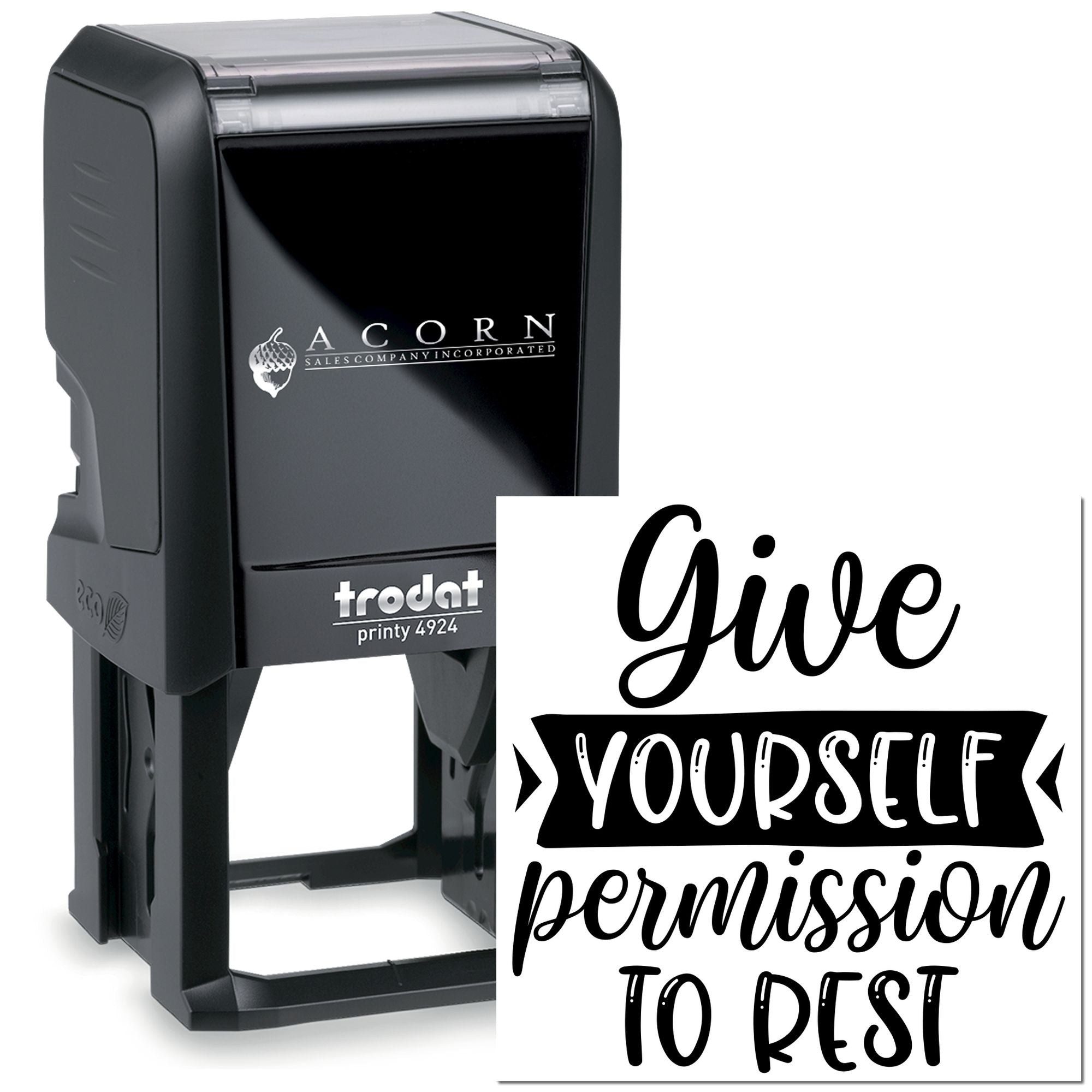 Custom self-inking rubber stamp with Give yourself permission to rest phrase for wellness, teachers, and business branding.