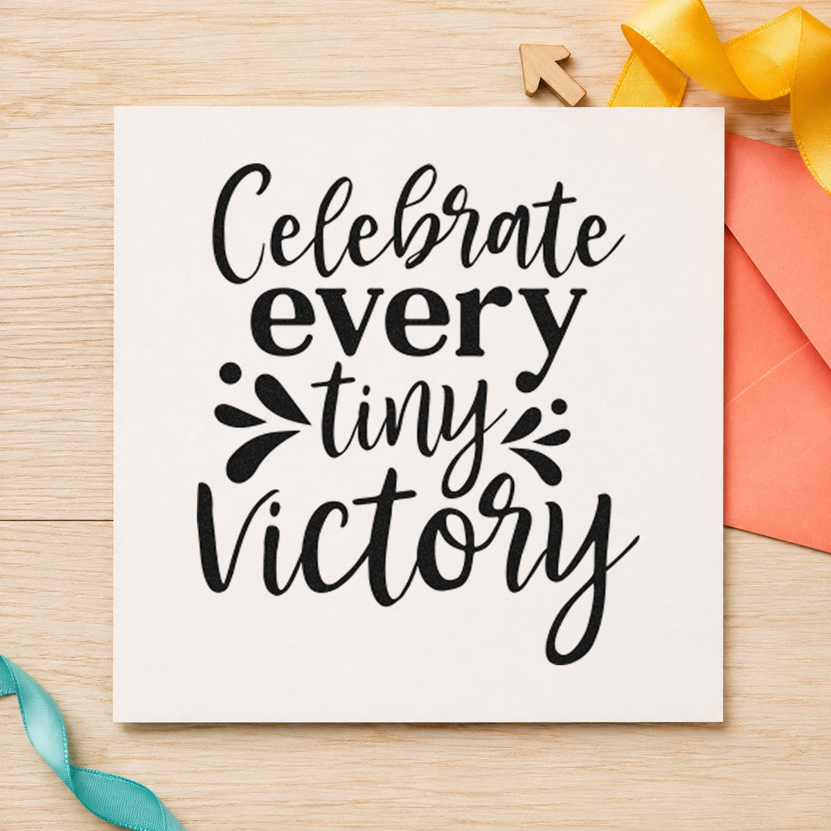 Celebrate Every Tiny Victory rubber stamp printed in black ink, ready for small splash cards and similar paper crafts.