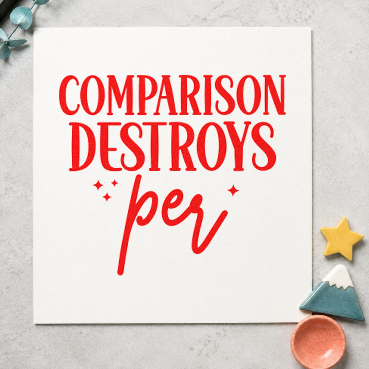Comparison Destroys Per Lettering rubber stamp shown in red ink, stamped for projects such as drawer notion labels.