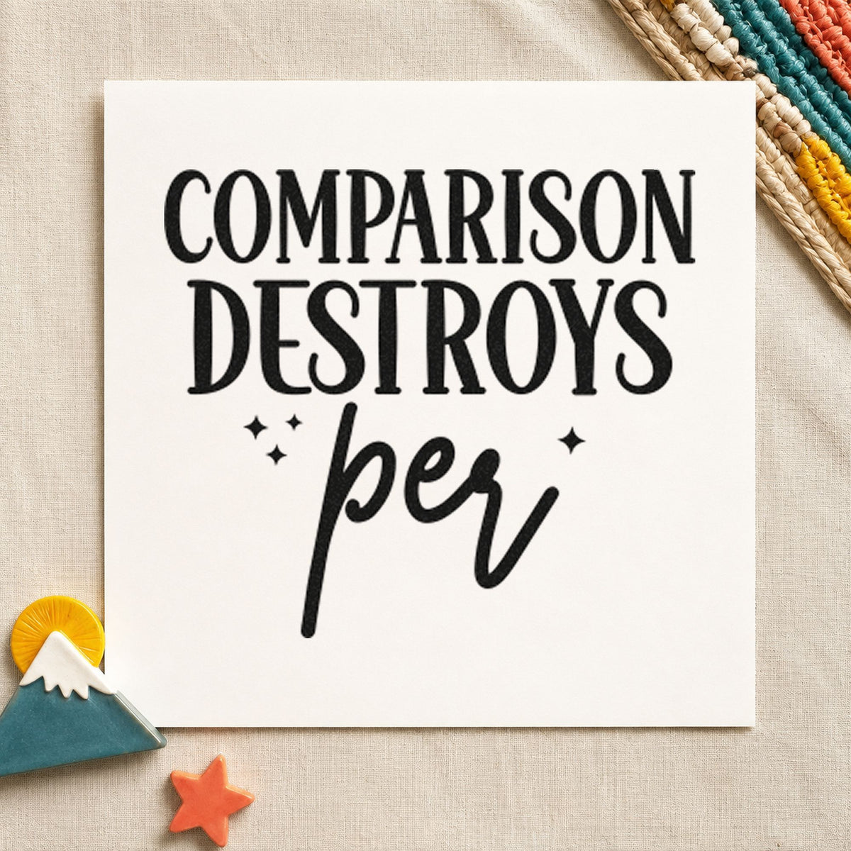 Comparison Destroys Per Lettering rubber stamp printed in black ink, ready for small sparkle cards and similar paper crafts.